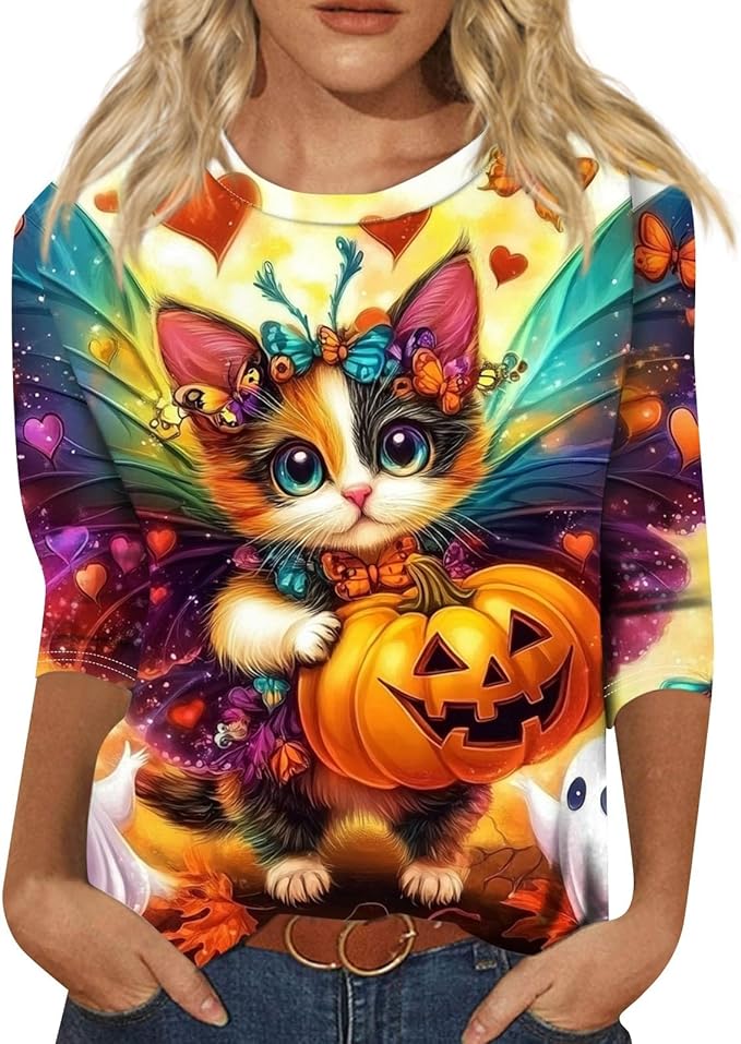 Cute Funny Halloween Shirts for Women Plus Size 3/4 Length Long Sleeve Womens Tops Witch Gothic Renaissance Shirt
