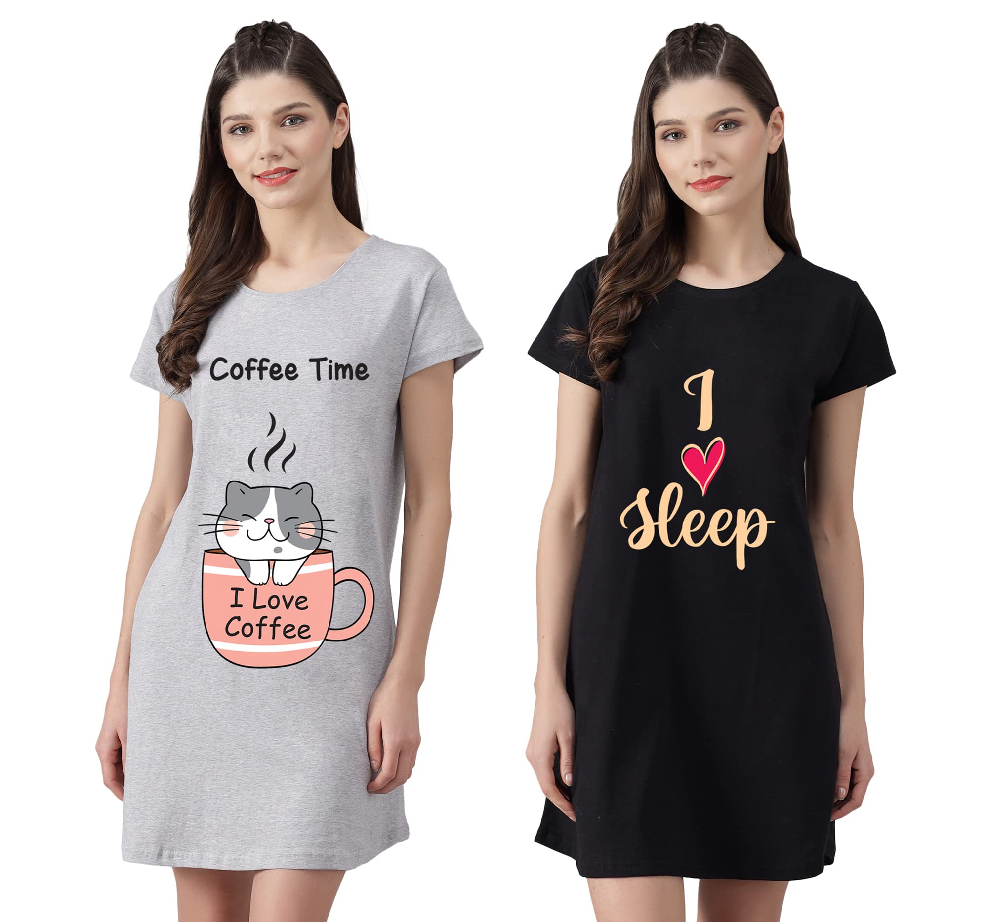 Women’s Cotton Nighty | Printed Knee Length Night Gown |Relaxed Fit Nightwear |Short Nightdress| Long T-Shirt | Sleepwear & Casual Wear Nighty (Pack of 2)