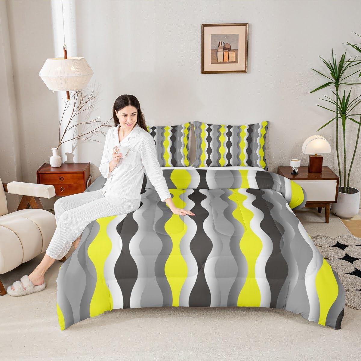 Feelyou Geometric Comforter Yellow Grey Black Comforter Set Mid Century Retro Bedding Set for Kids Adults Abstract Modern Decor Quilt Set Ultra Soft Room Decor Full Size Bedroom Collection 3Pcs