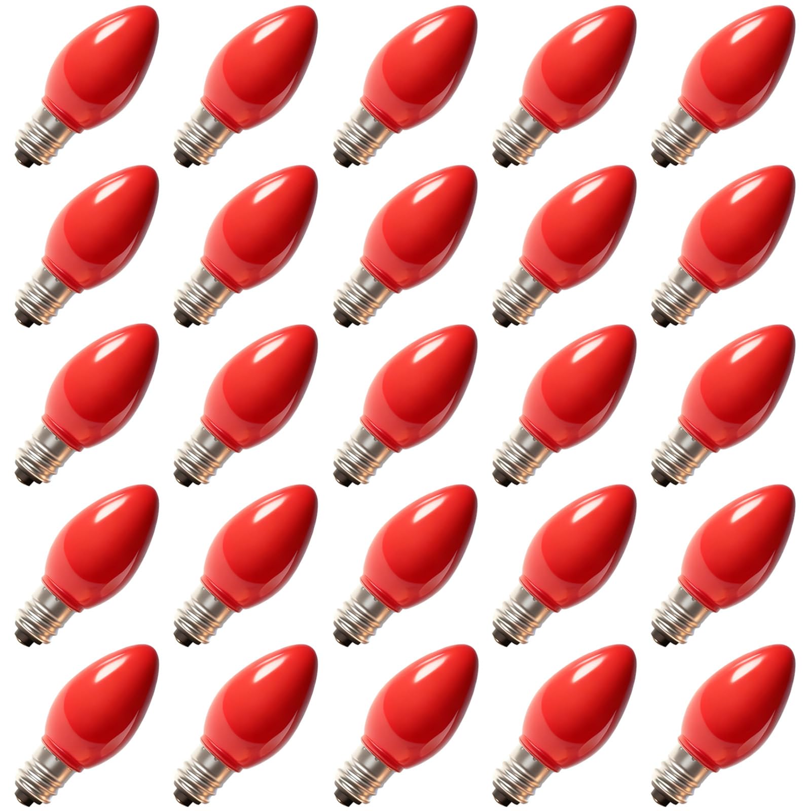C7 LED Christmas Light Bulbs, 25 Pack Red Replacement Bulbs, Shatterproof Red LED Light Bulbs for C7 Christmas String Lights, E12 Candelabra Base, 0.6 Watts