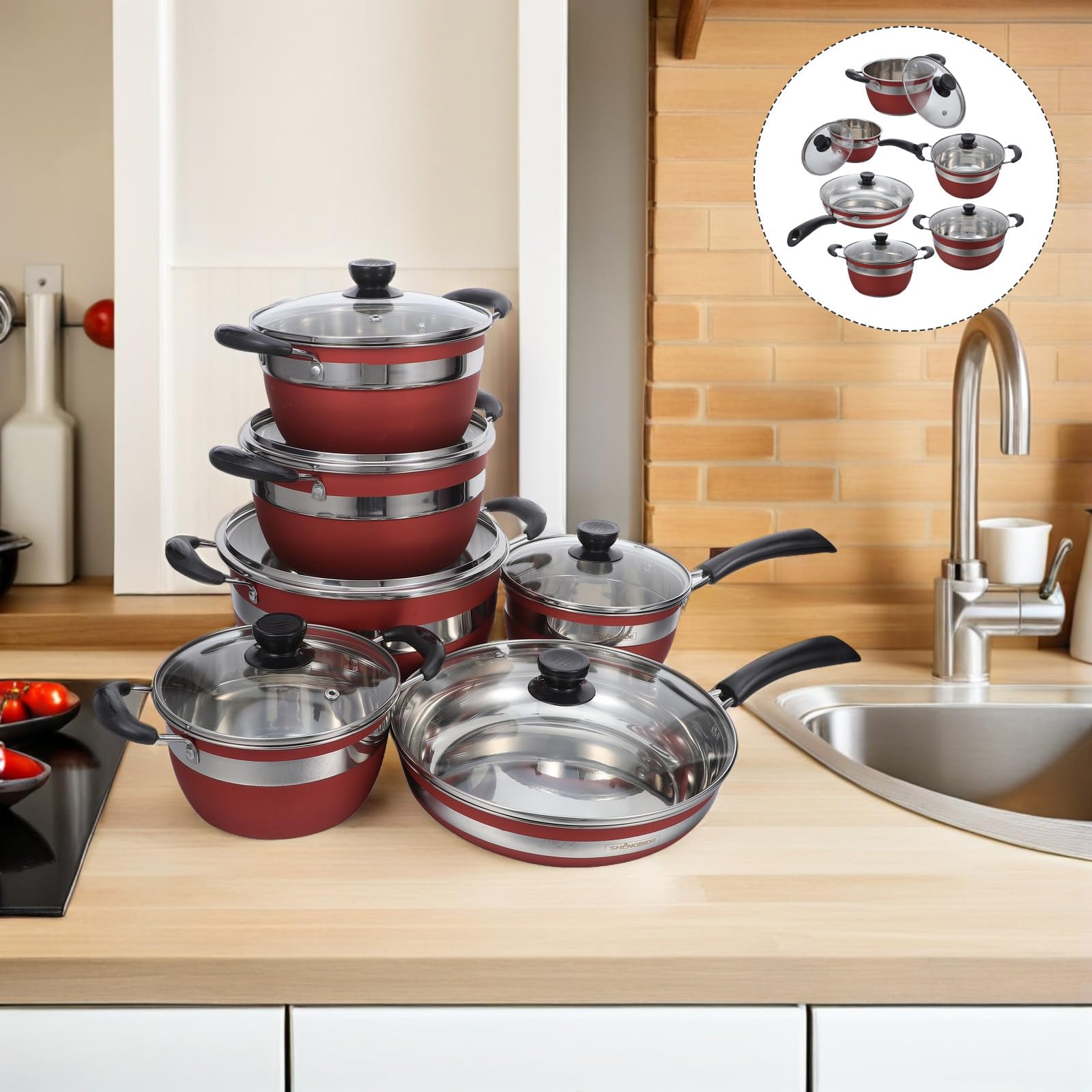 Set di Pentole in Acciaio Inox 12 Pezzi Rosso per Cucina | Compatibile con Piani Cottura, Rivestimento Antiaderente, Manici Ergonomici Anti-scottatura