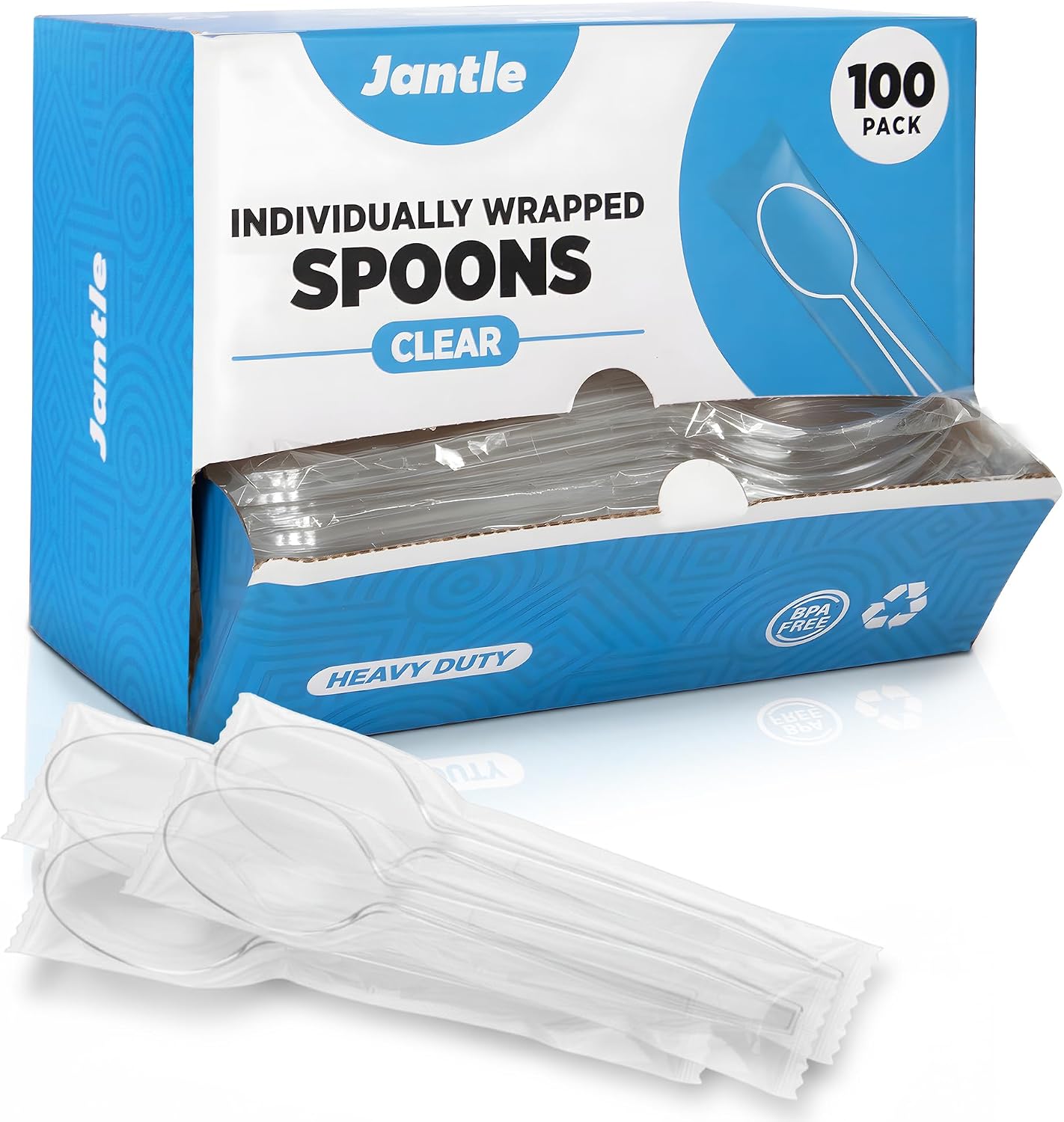 Individually Wrapped Heavy Duty Plastic Spoons with Dispenser Box, Black Disposable Spoons 100 Pack - Disposable Utensils for Home, Office, Restaurant, Catering, To-Go Meals - 100 Count (Clear)