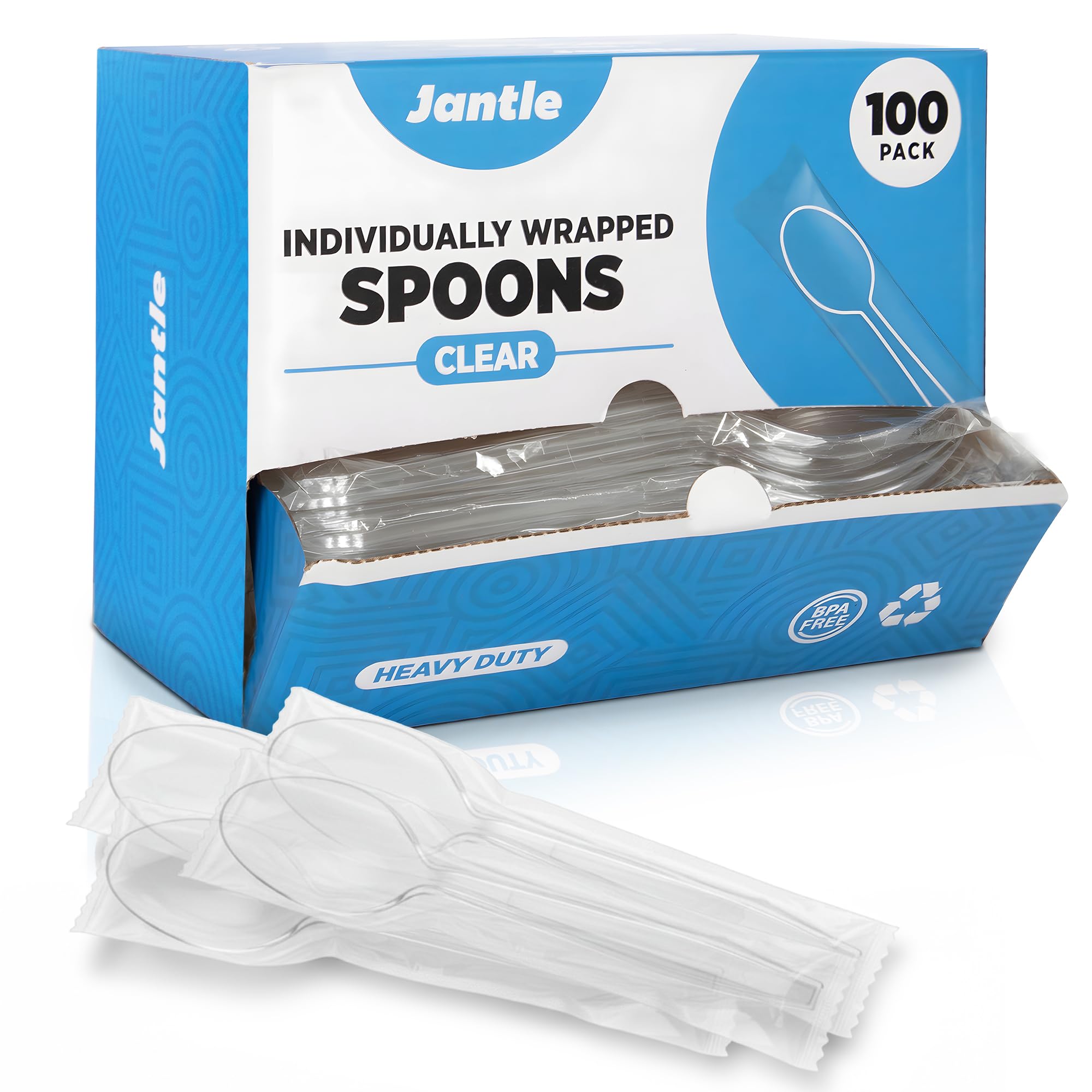 Individually Wrapped Heavy Duty Plastic Spoons with Dispenser Box, Black Disposable Spoons 100 Pack - Disposable Utensils for Home, Office, Restaurant