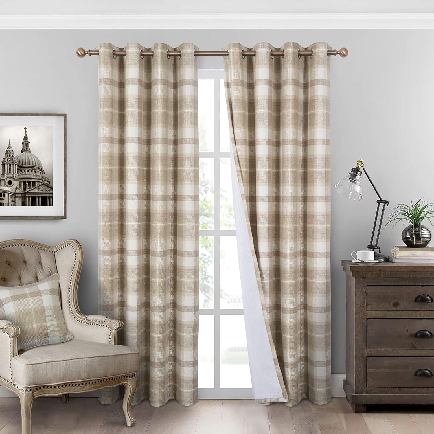 Rideau Occultant à Carreaux Beige pour Chambre et Salon | Ambiance Cosy 140x225cm