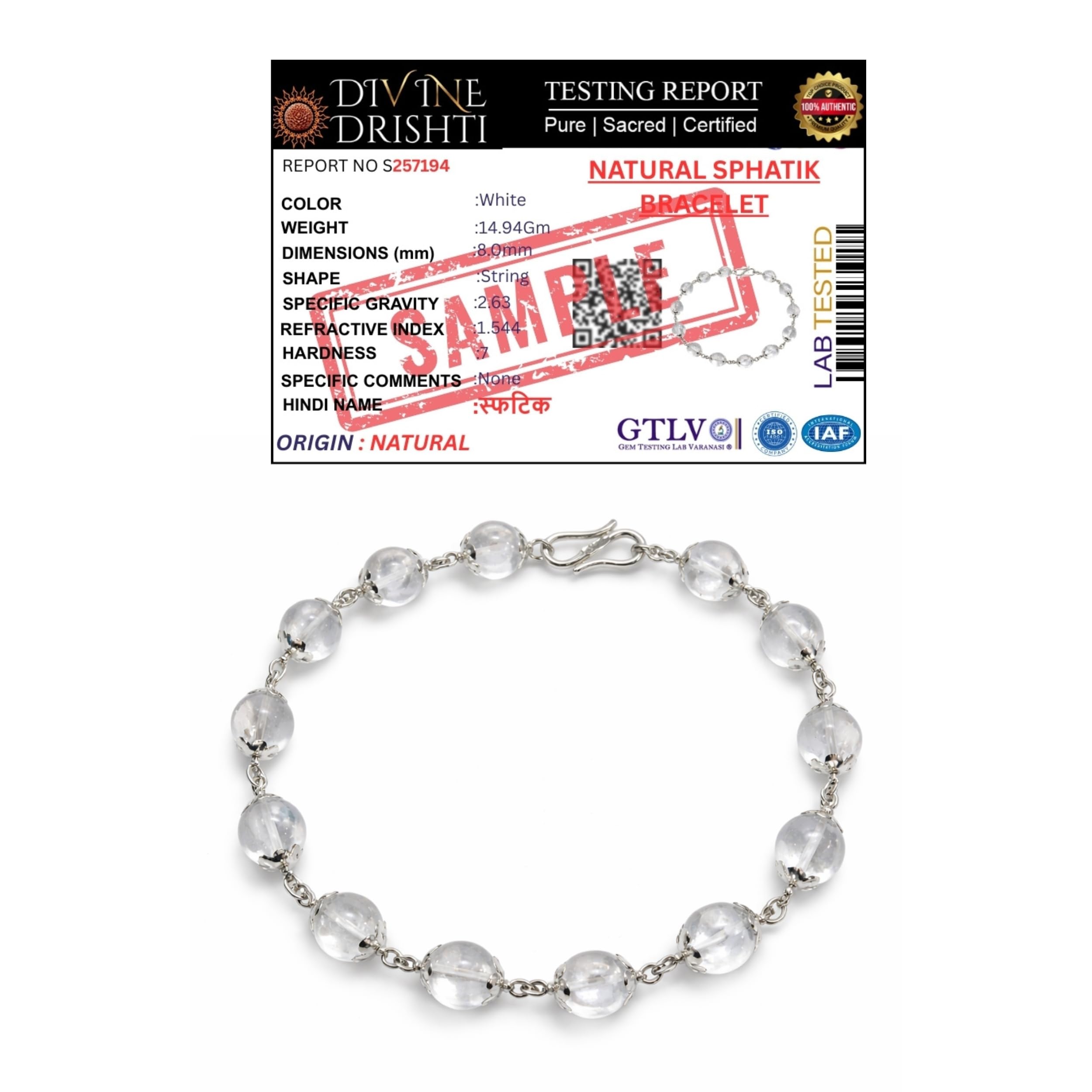 Original & Natural Sphatik Bracelet with Silver Cap 8mm 14 Bead | Tested by ISO Certified Lab | Clear Quartz Crystal Sphatik Bracelet in Silver for Chakra Healing & Positive Energy-image-7