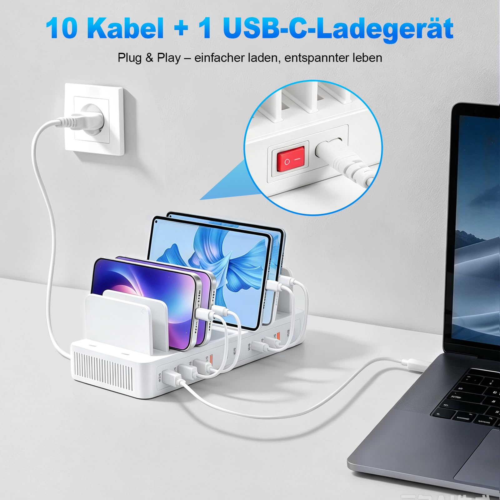 100W USB Ladestation Mehrfach, 10-Port USB C Ladegerät Mehrere Geräte mit verstellbaren Trennwänden Schnellladestation für iPhone, iPads, Tablets und andere Geräte (mit 10 Ladekabeln) Weiß