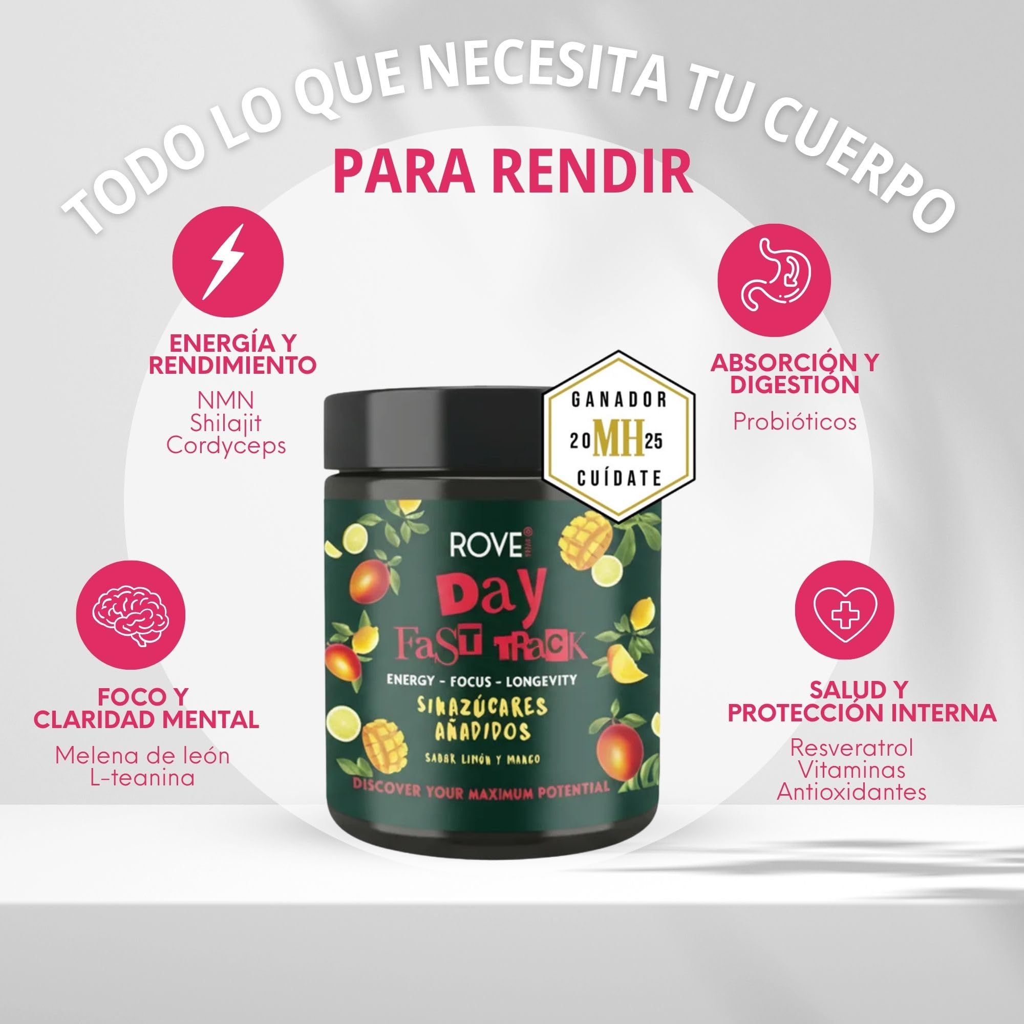 Fórmula Todo en Uno de Energía, Enfoque y Longevidad, Sin Azúcar, con Ashwagandha KSM-66, Cordyceps, Melena de León, Vitaminas y Probióticos – Day Fast Track | Rove Vital