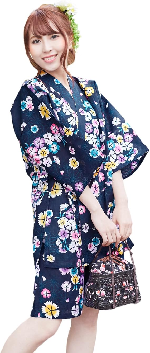 Amazon 甚平 レディース 紺地にカラフル撫子 M L 変わり織り女物甚平上下2点セット 紺 甚平 通販