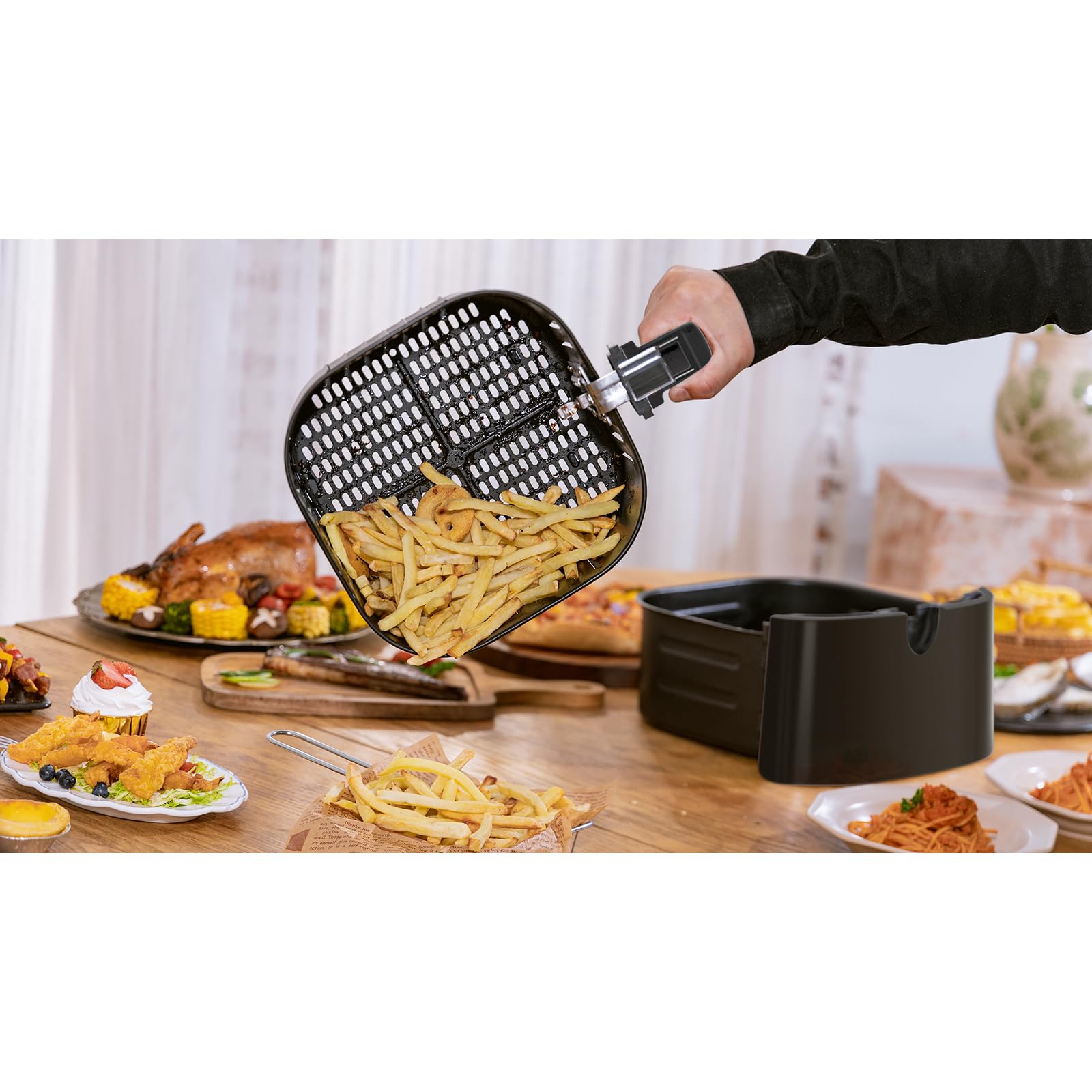 Aigostar Freidora de Aire 7L, 1900 W, Freidora sin Aceite con 7 Funciones, Pantalla Táctil LED, Doble Uso: con Cesta o Cajón. Sin BPA. Libro de Recetas Incluido, Cesta Antiadherente, Negra(IBT)