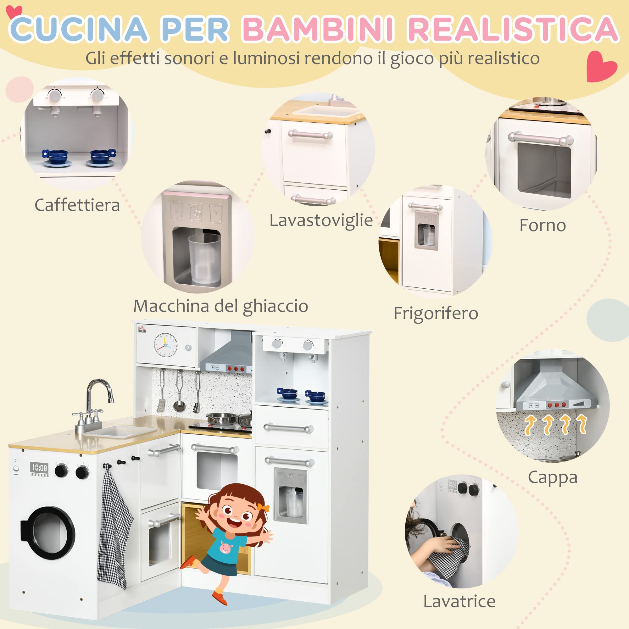HOMCOM Cucina Giocattolo 2 Pezzi per Bambini 3-6 Anni con Utensili da Cucina, Luci ed Effetti Sonori Realistici, in MDF e PP Bianca e color Legno