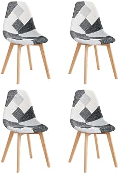 GrandCA HOME Pack de 4 Sillas de Comedor Sillas de Cocina, con Patas de Madera, Sillas de Tela Patchwork con Cojín de Asiento Acolchado, Negro