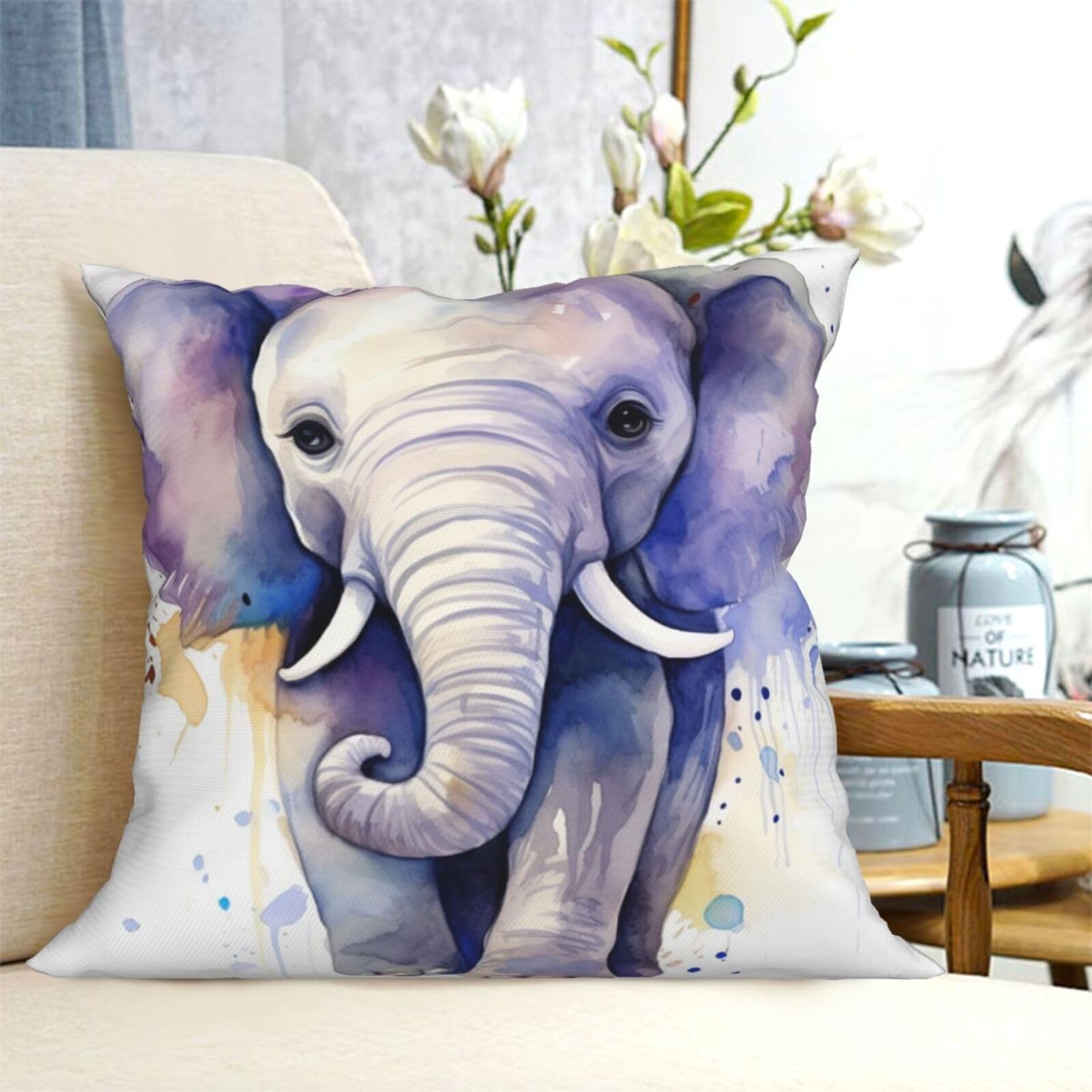 Fodpand Black Decorative Throw Pillow Covers 16"X16" Cute Elephant Watercolor Cushion Cases Square Modern Farmhouse Pillow Cases Soft Cozy Cushion Covers For Couch Sofa Bedroom Home Decor Pillowcase