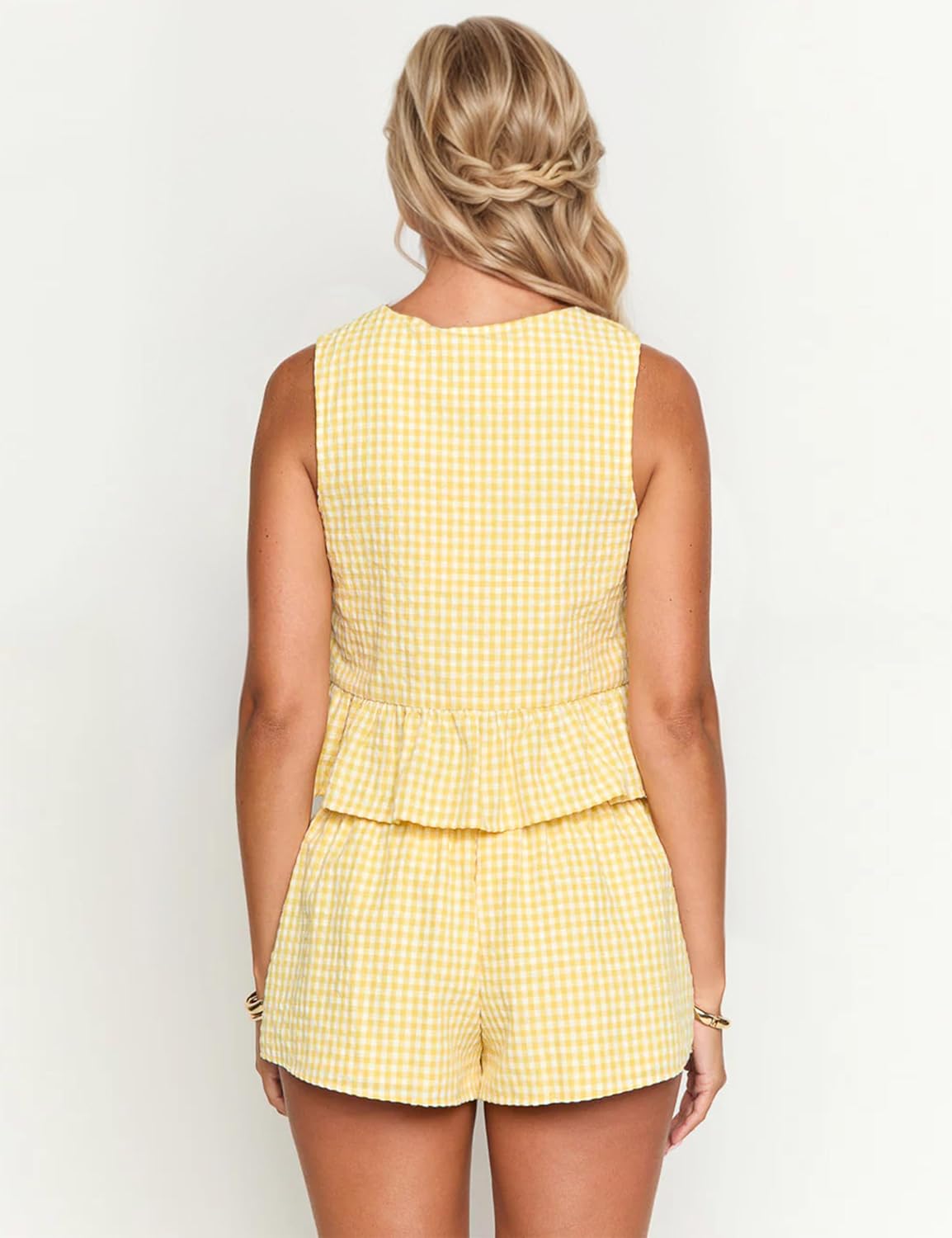 MISSACTIVER Women's Two Piece Outfit Gingham Tie Up Front Tank Tops and Wide Leg Short Set 2 Piece Pajama Sets with Pockets