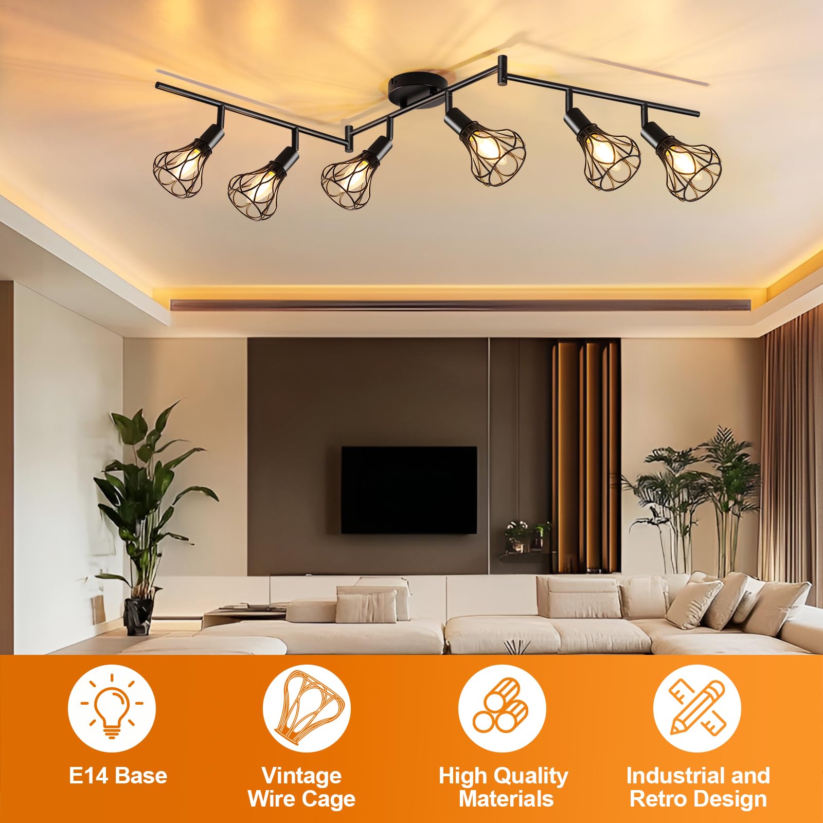 GeyouLux Deckenlampe LED Deckenleuchte E14 Deckenstrahler 6 Flammig Schwenkbar 350° Deckenspots Retro Küchenlampe Wohnzimmerlampe Schwarz Lampe für Küche Wohnzimmer Flur Schlafzimmer Ohne Leuchtmittel