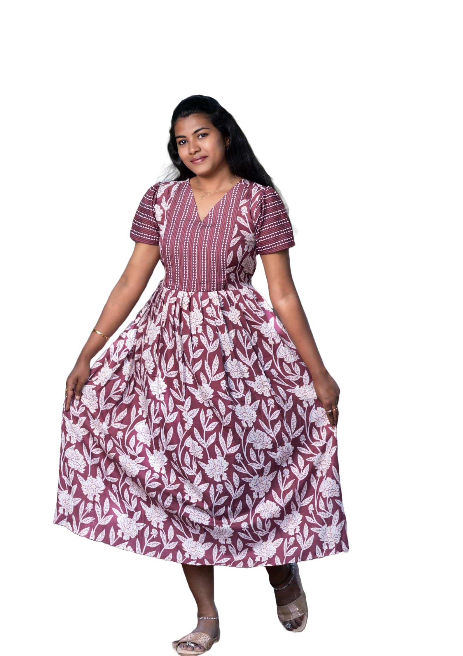 Women’s Maroon Floral Printed Cotton Maxi Nighty – Soft & Comfortable Ankle Length Night Gown for Home Wear-picture-37