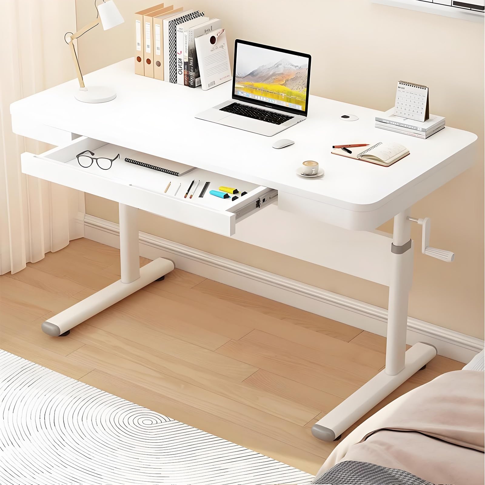 CGCSYZ Adjustable Height Desk with Drawer, Solid Wood Study Table, Crank Elevating Office Desk, Home Office Furniture, Ergonomic Workspace Solution (White 100x60cm)