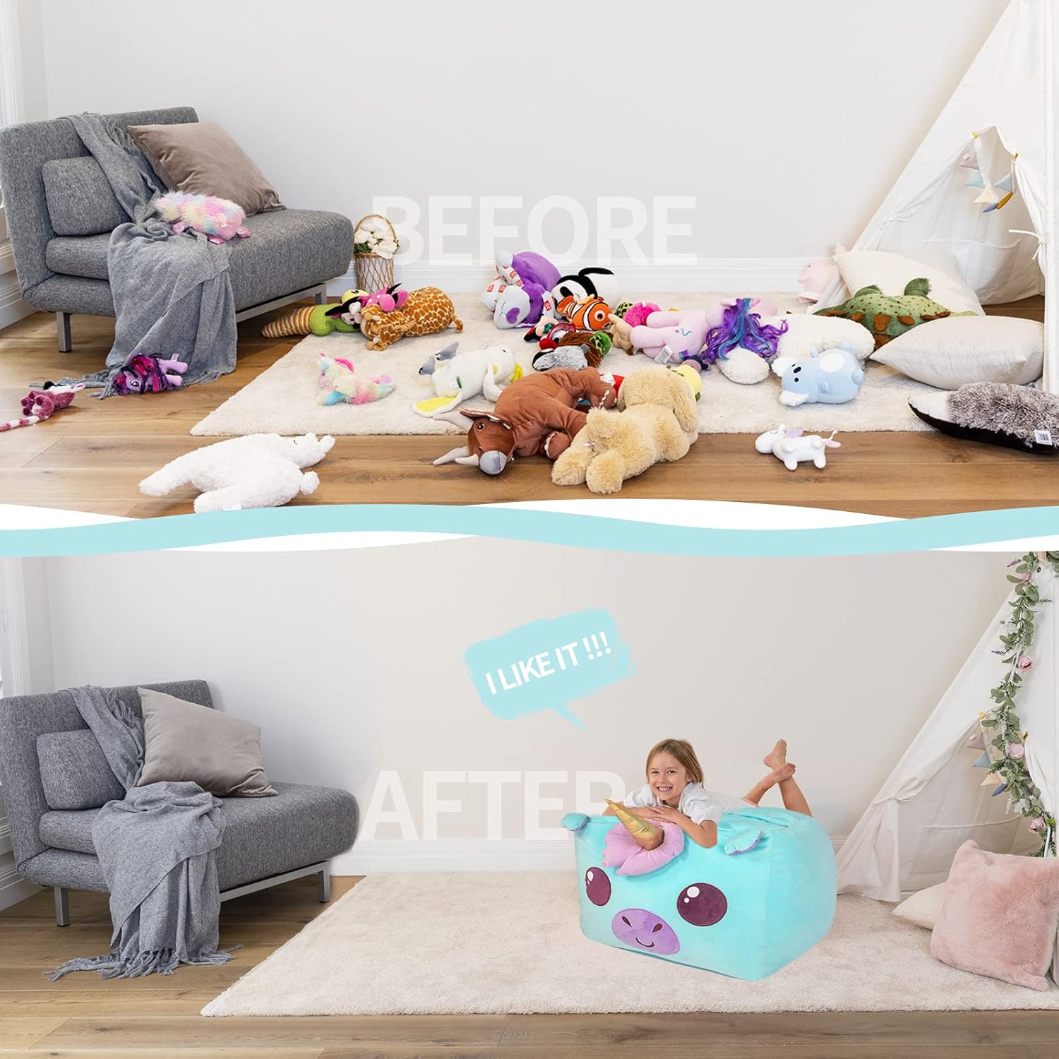 Aubliss Unicorn Stuffed Animal Storage Bean Bag Chair for Kids, Velvet Extra Soft Beanbag Chairs Cover, X-Large Stuffable Zipper Bean Bag for Organizing Plush Toys Girls Bedroom Decor, Cyan
