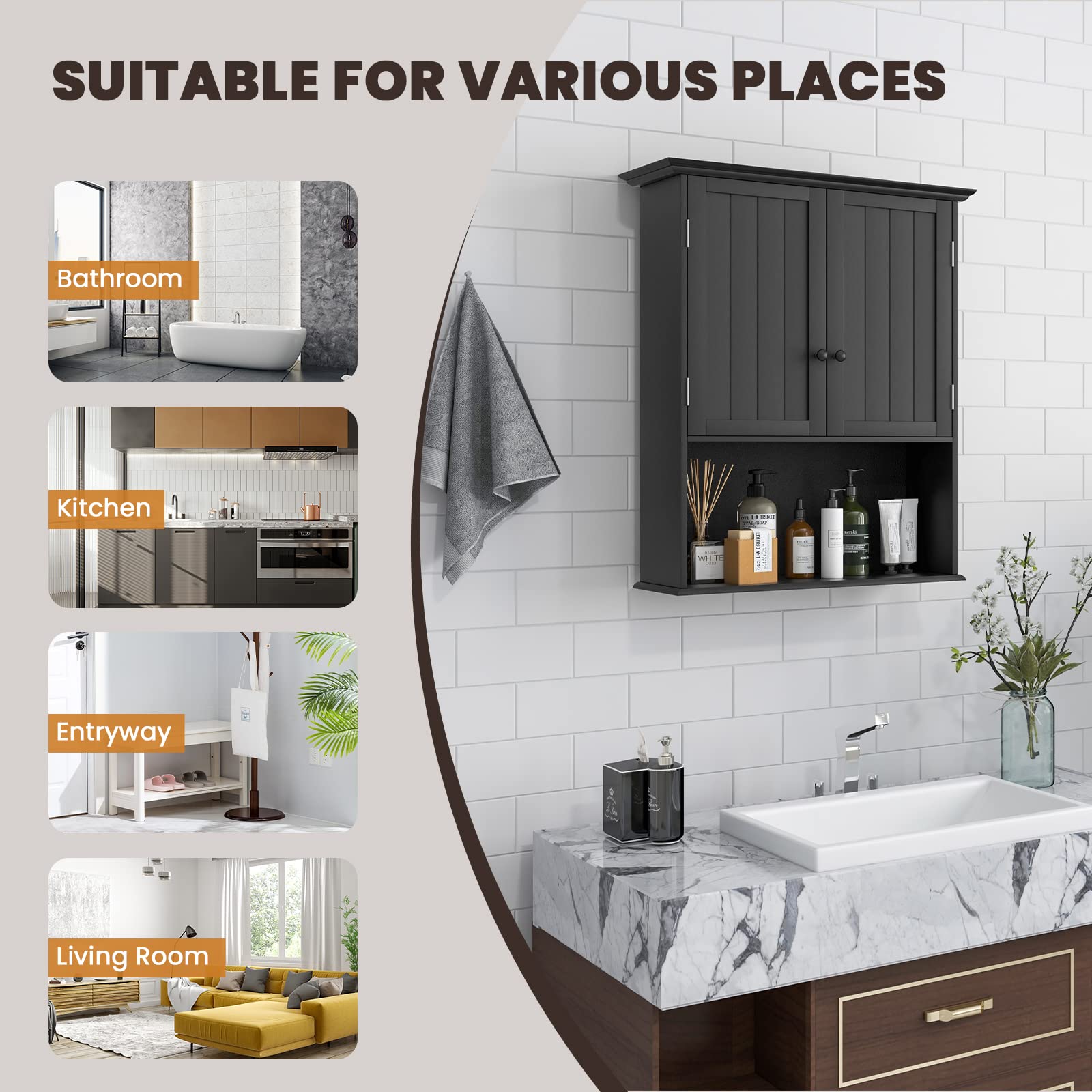 LIFEZEAL Armoire Murale Salle de Bain, Meuble Rangement Mural avec Etagère Réglable et 2 Portes, Placard de Rangement en Bois 60x20x70,5 CM, pour Cuisine, Salon, Chambre, Noir