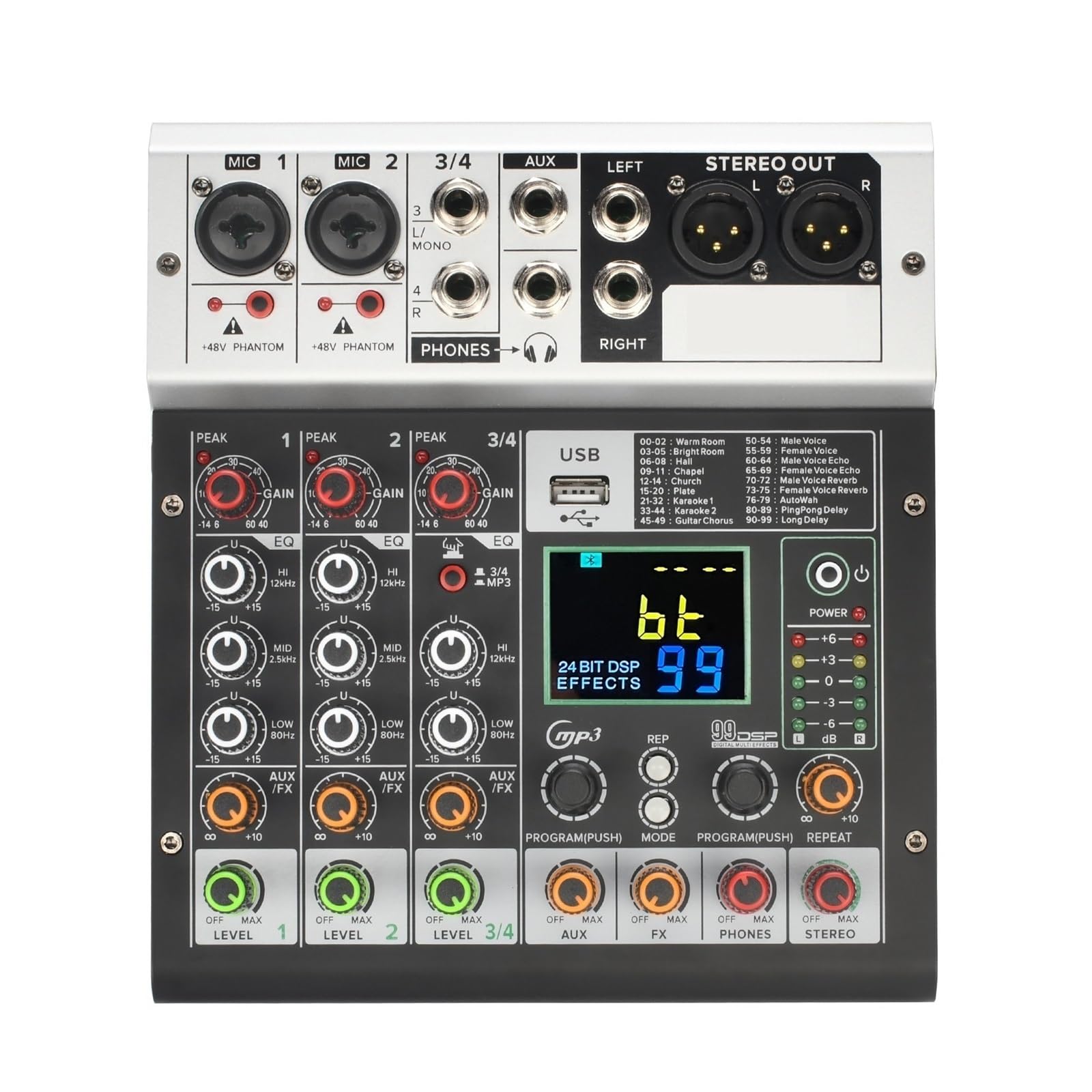 Mezclador de audio, Consola de DJ 4 canales, 99 efectos, 48 ​​V, mezclador audio, USB, PC, grabación y reproducción for fiestas en casa Para karaoke en estudio