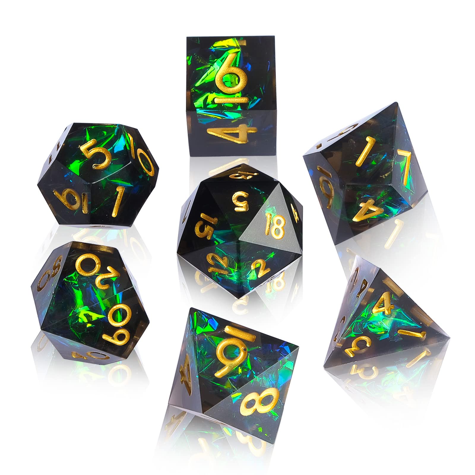 DND Set di dadi fatti a mano, 7 accessori, dadi affilati per giochi TTRPG di Dungeons and Dragons, multifacciale, in resina poliedrica, con bordo affilato, giochi di ruolo, Shadowrun Pathfinder MTG