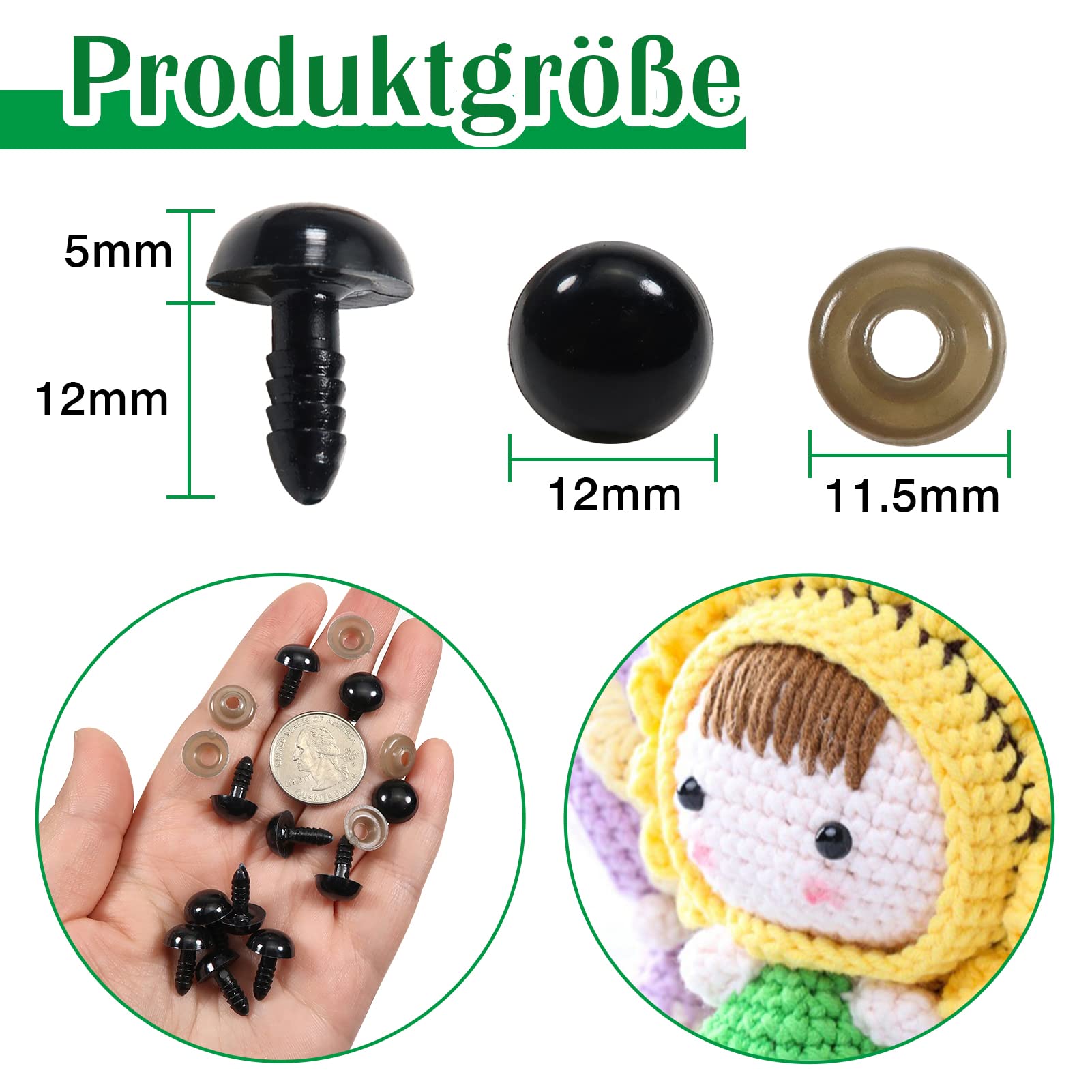 TOAOB 50pcs 12mm Black Plastic Safety Eyes for Dolls with Washers for Crochet Animals Doll, Puppet, Plush, Plush Eyes - Image 2