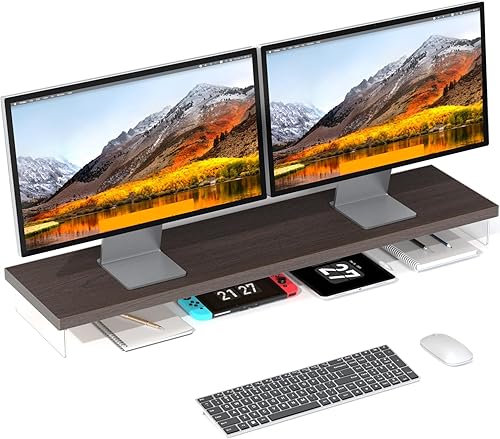 Soporte elevador de monitor doble, soporte grande de 40 pulgadas para monitor de computadora para 2 monitores, estante organizador de escritorio de