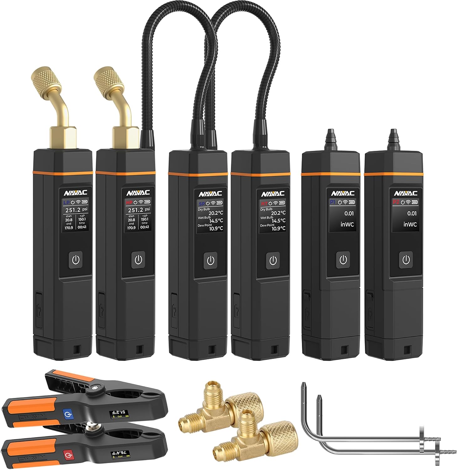 NAVAC SK4TPHM1 Smart Refrigerant & Air Side Diagnostics Pro Kit - HVAC Service Tools with Bluetooth Probes, Psychrometers & Manometer - Temperature Clamps, App-Based Monitoring, Ideal for Technicians