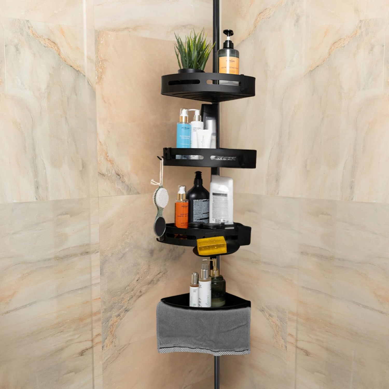 Rustproof Corner Shower Caddy-Tension Pole-LUXURY Model-4 Adjustable Baskets Bath Tub Corner Shower Caddy fits up to 114" ceiling,Bathroom Organizer with Towel Bar, Hooks & Soap Dish (Black)