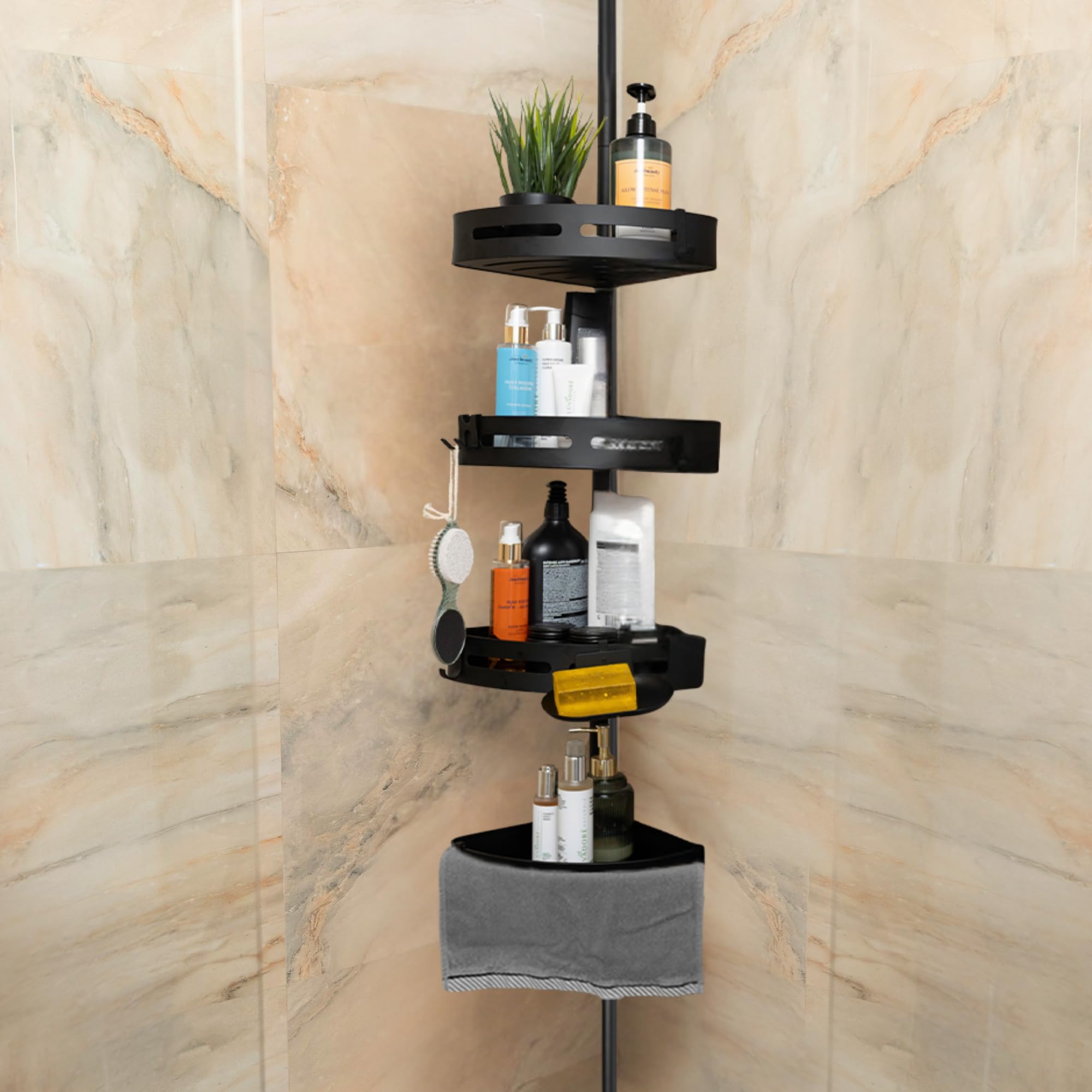 Matte Black Tension Shower Caddy Corner Organizer Rust-Proof Stainless Steel 4 Deep Adjustable Shelves Anti-Slip Tension Pole 34