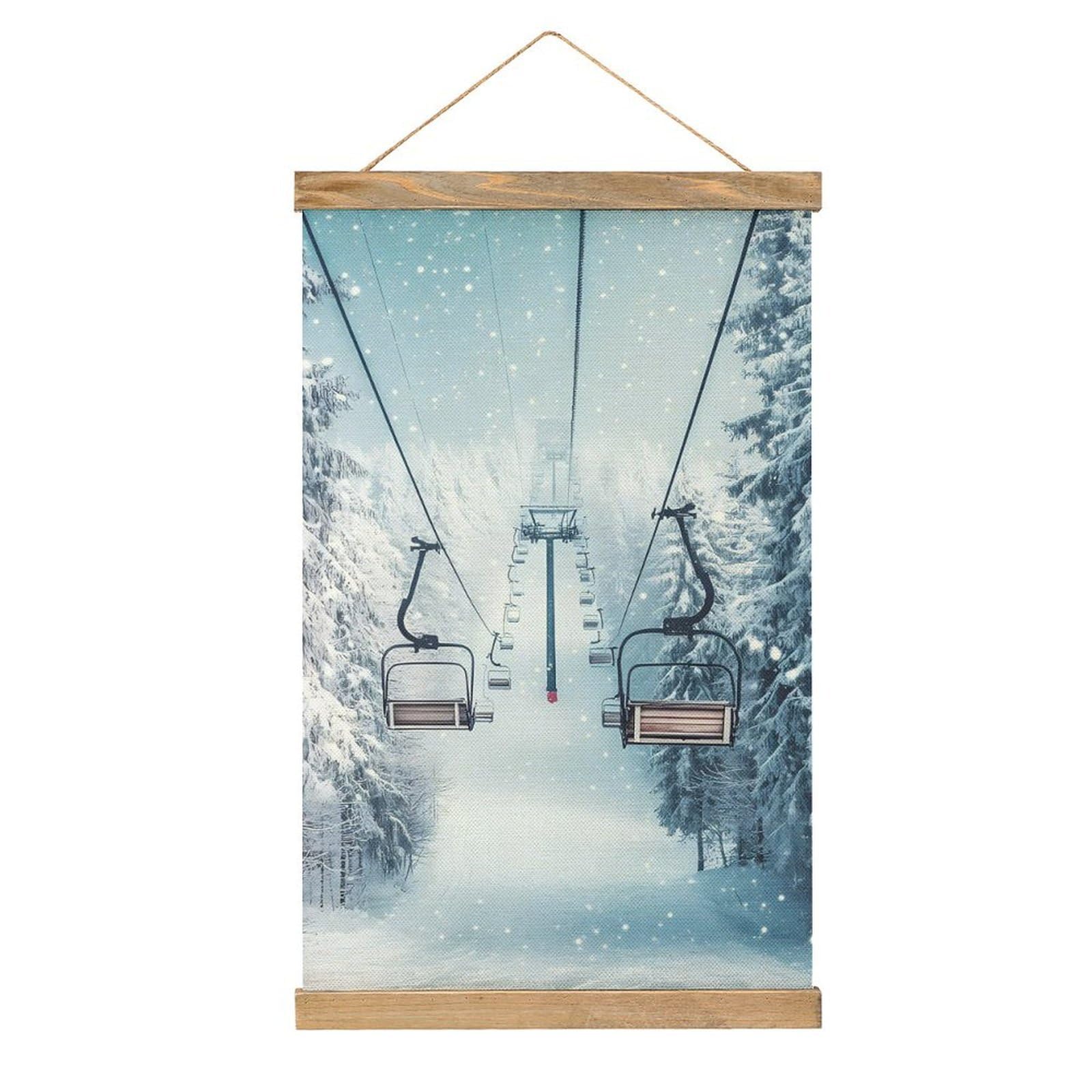 CGSBNGHA Winter Snowy Ski Skiing Lift Forests Wall Art Prints Linen Hanging Painting Scroll Paintings Pictures Decor for Home
