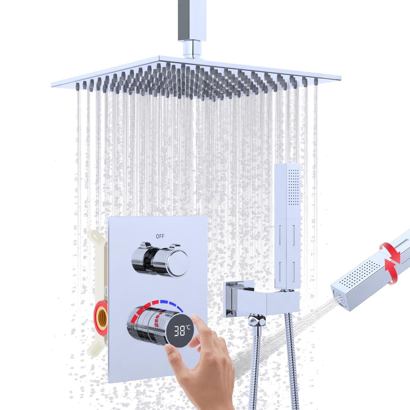 Temperature Display Shower System, Ceiling Mount 10 Inch Shower Head with 2 in 1 Handheld Shower Faucet Set, Chrome