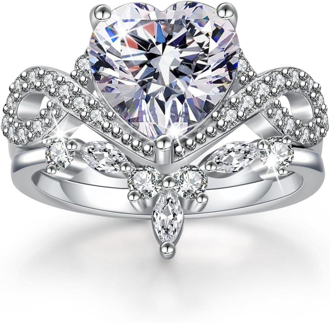 4CT Heart Engagement Rings for Women Promise Rings for Her 5A CZ Cubic Zircon Statement Wedding Rings Set for Women Christmas Mom Valentine's Day Gifts