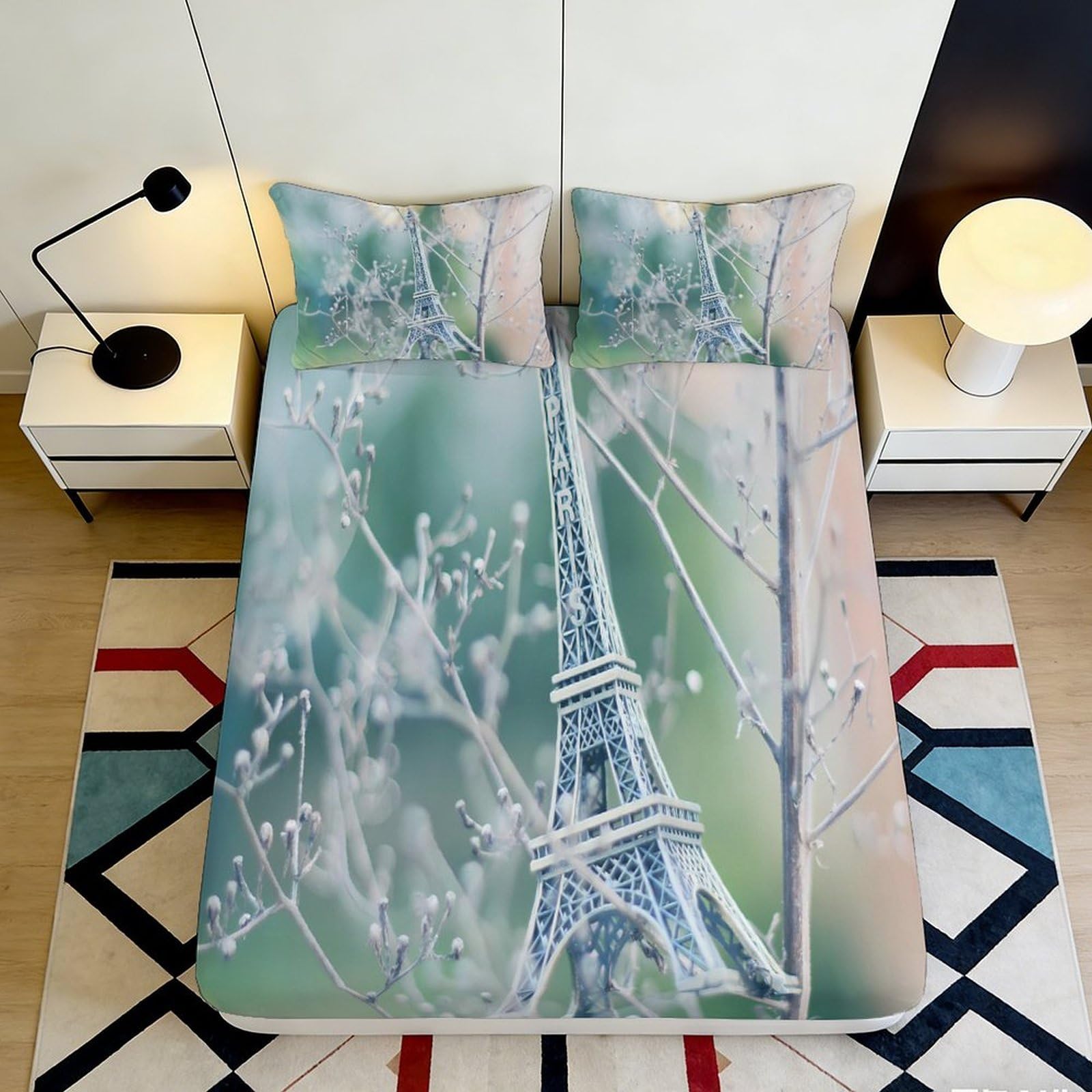 3D Printed Eiffel Tower Paris Fitted Sheet Microfiber Soft Green Bed Cover for Bedroom Guestroom Mattress Decor 90x200x25cm