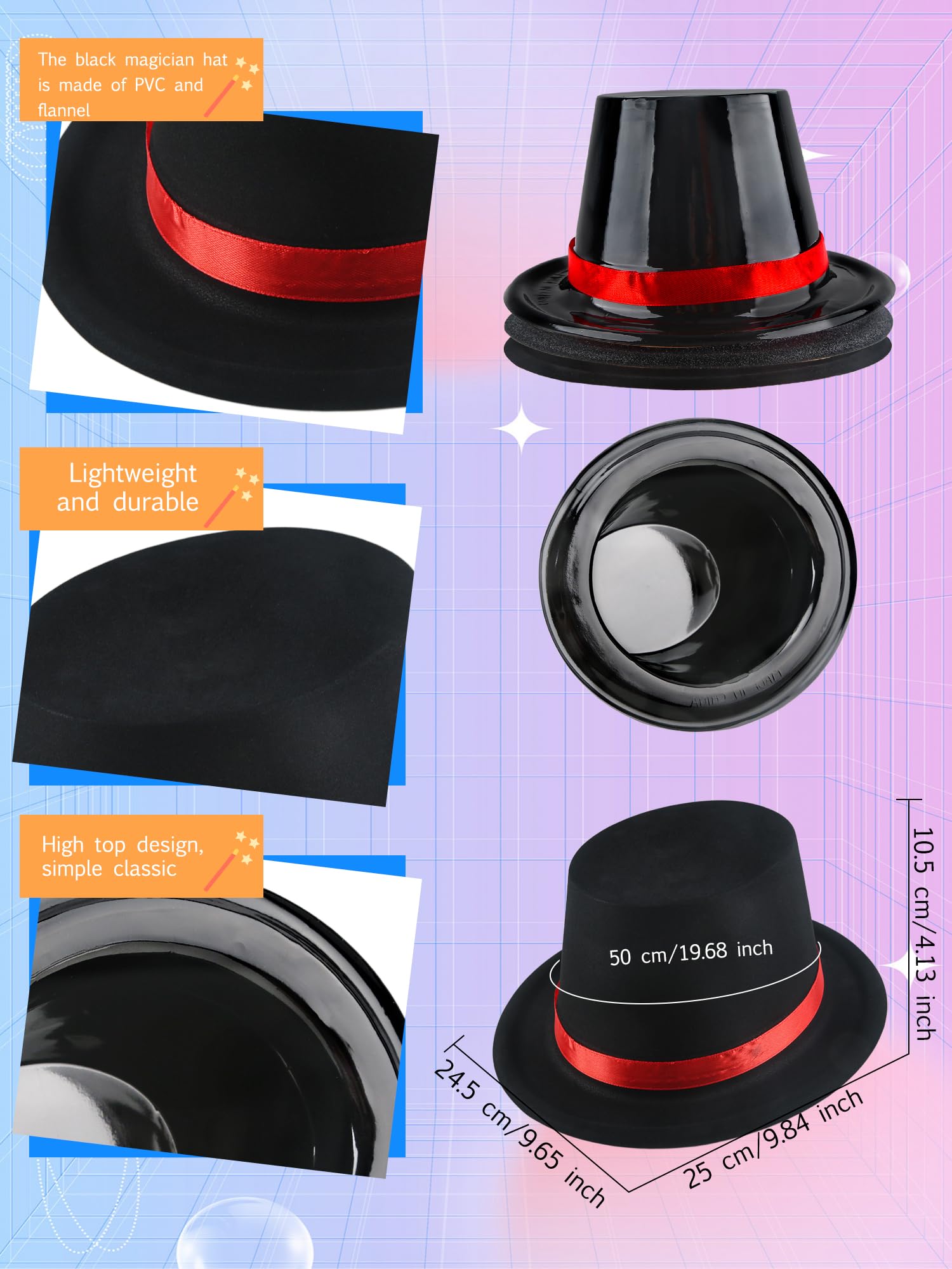 SGBETTER 12 Pack Kids Plastic Top Hats Black Top Hat with Red Band Glitter Magician Party Hat High Top Hat for Child Halloween Cosplay (Color Style 2 (PVC Glitter))