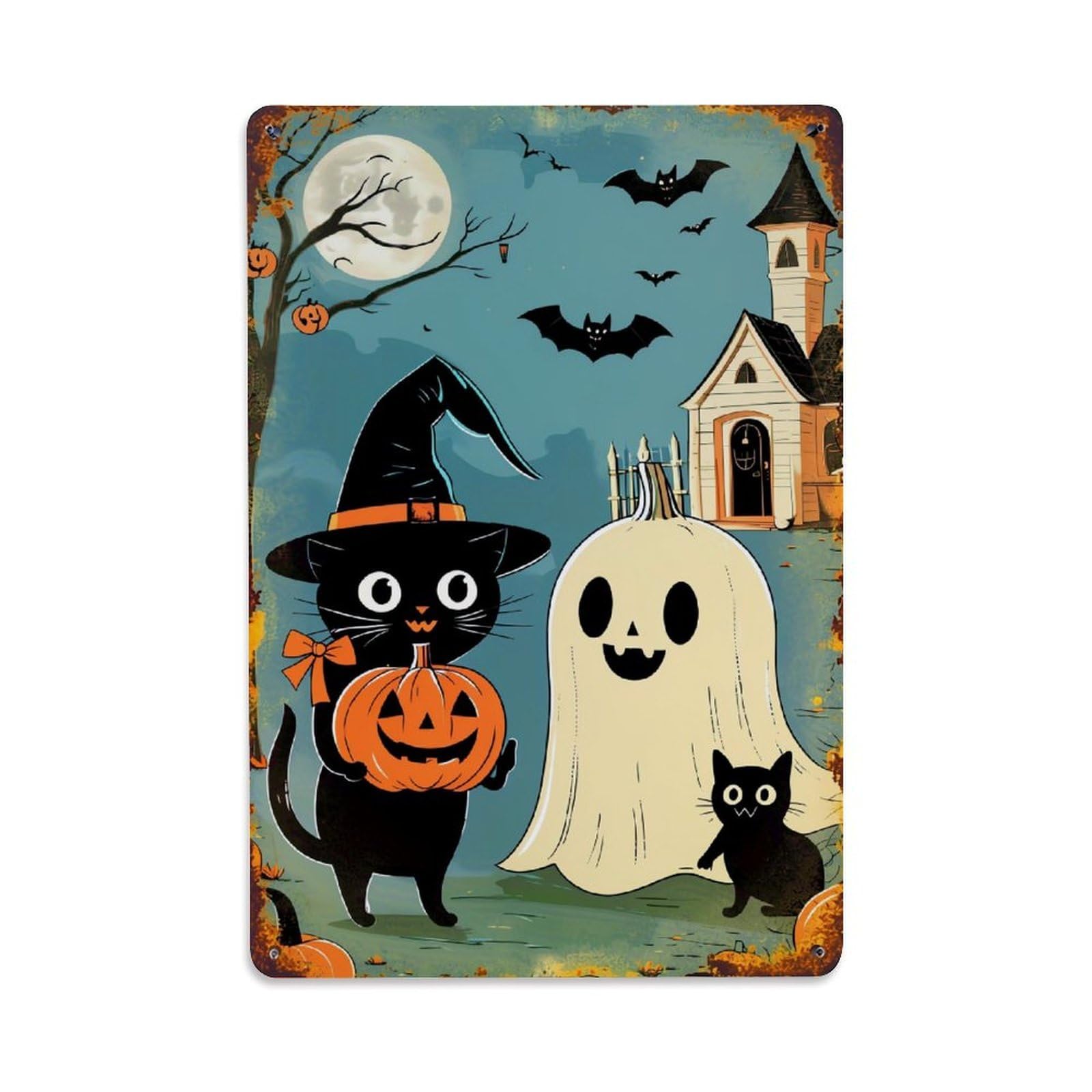 Halloween Cat Ghost Pumpkin Moon Retro Metal Tin Sign, Vintage Decor Art Poster for Bar, Home, Man Cave, Kitchen, Laundry Room Gift 8x12Inch