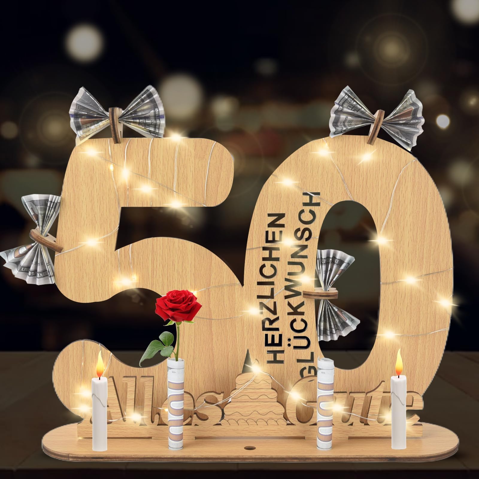Giftota Regalo Divertente 50° Compleanno: Cartello Stradale In Legno Con Luci LED, Da Decorare Con Soldi - 4