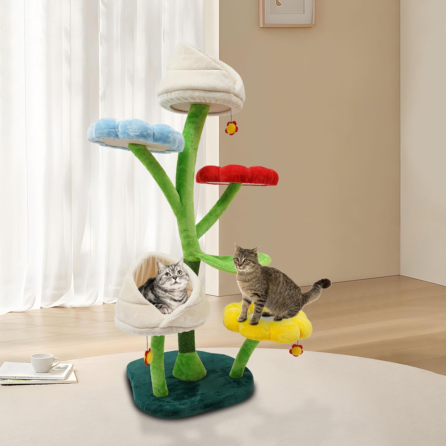 Cat Tree, 63.8In Large Cat Tower Heavy Duty Cat Climbing Frame with Cat Condo Baskets Cat Scratching Posts Dangling Toys & Big Hammock for Pet Shops & Balconies (Green + Red + Blue + Yellow + White)