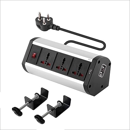 MX desk extension board, switch socket fixer 6 Amp 3 Universal Sockets with 2 USB Charging Port Extension Board with Removable Desk Clamp Power Strip for desk Master Switch 3 Pin Plug Extension Cord