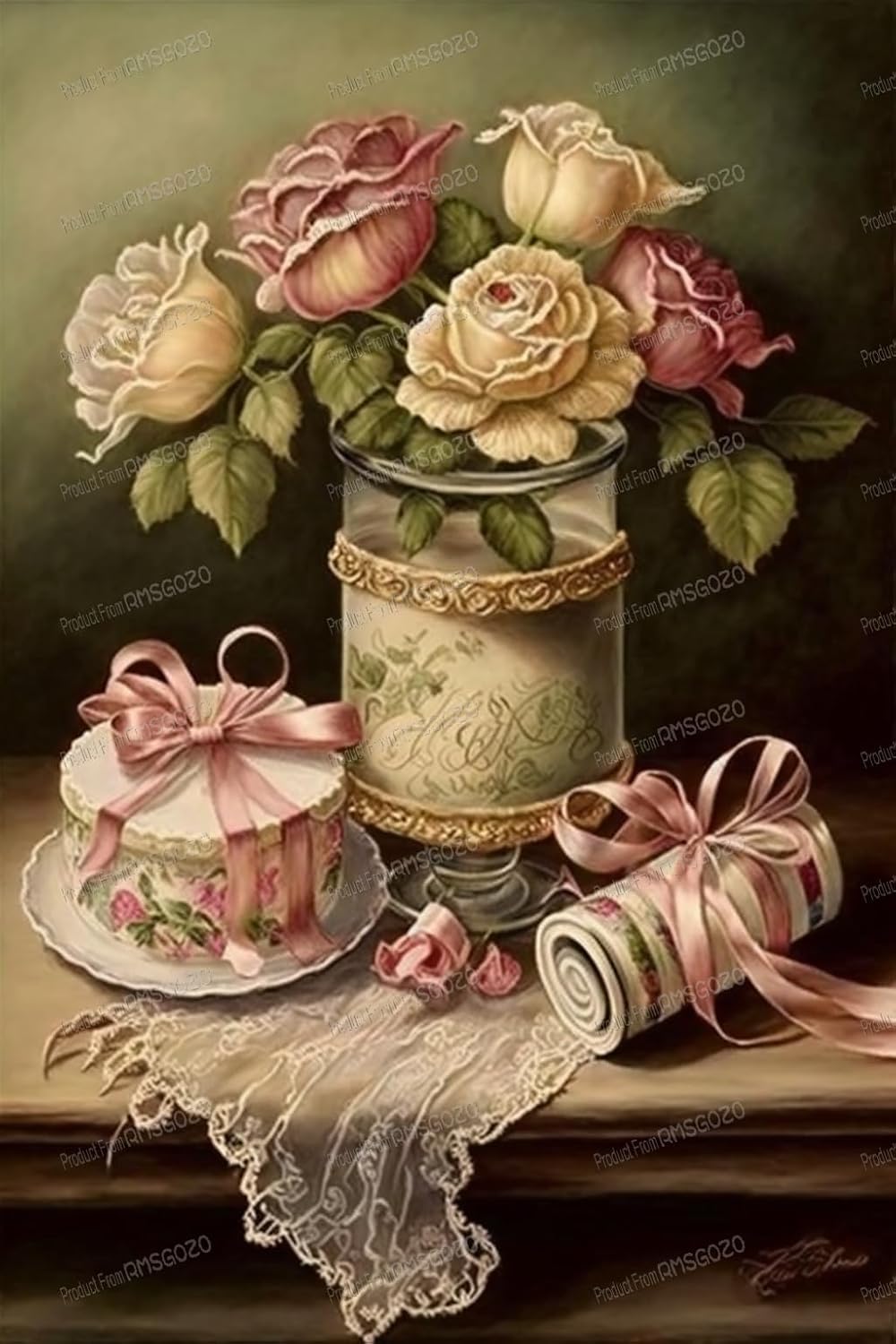 RMSGOZO Vintage Coffee Table Diamond Painting Kits - Ikebana Art Diamond Painting for Adults, Full Round Gemstone Diamond Art Cross Stitch Kit, for Wall Decor Club Decor (20 X 24 Inch)