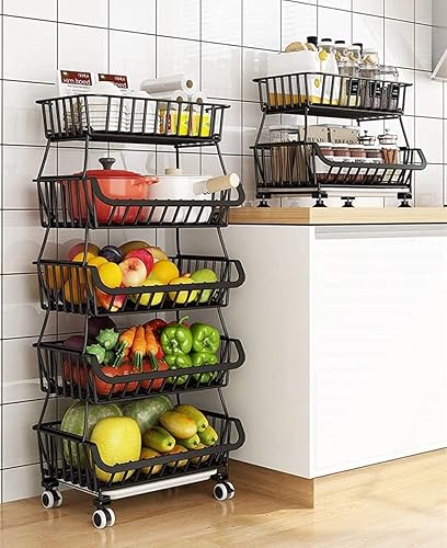Miniatura 8 de Cesta de almacenamiento de metal con ruedas, estante de almacenamiento de cocina, carrito rodante, apilable, cesta de frutas para cocina, despensa,