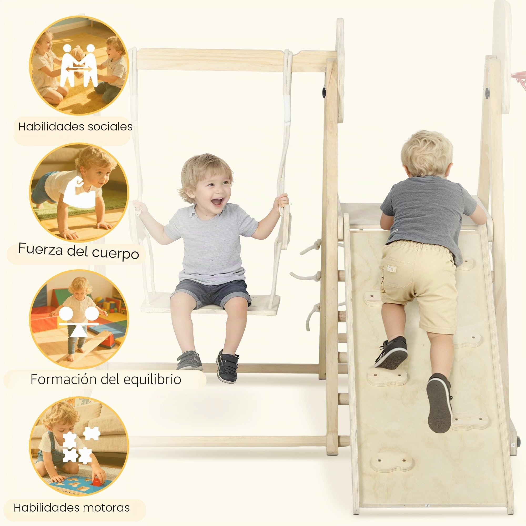 AIYAPLAY Tobogán Infantil 5 en 1, Estructura de Escalada de Madera con Tobogán, Columpio, Aro de Baloncesto, Tabla, Red de Escalada, Parque Plegable para Niños de 3-6 Años, Interior, Exterior, Natural