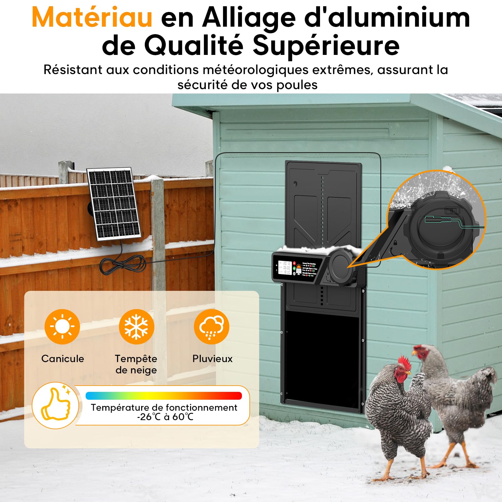 Grande Porte Poulailler Automatique Solaire, MASTERFUN Porte Automatique Poulailler Solaire en Aluminium avec Écran LCD Étanche, Minuterie, Télécommande, Fonction Anti-pincement, Noir