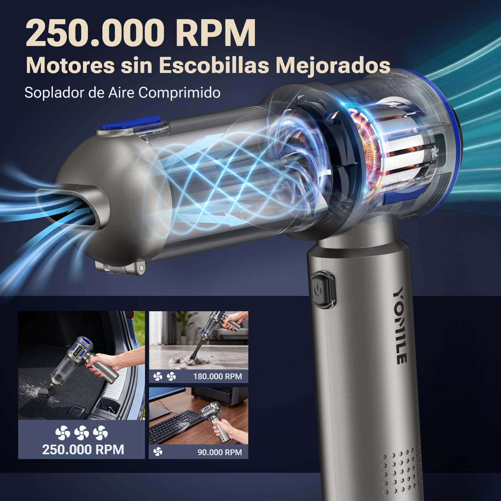 Yomile Aspirabriciole Senza Fili, 27000PA 4 in 1 Aspirapolvere per Auto Portatile,Aspiratore e Soffiatore con Motore Brushless Mini Aspirabriciole Senza Fili Potente per Auto Casa