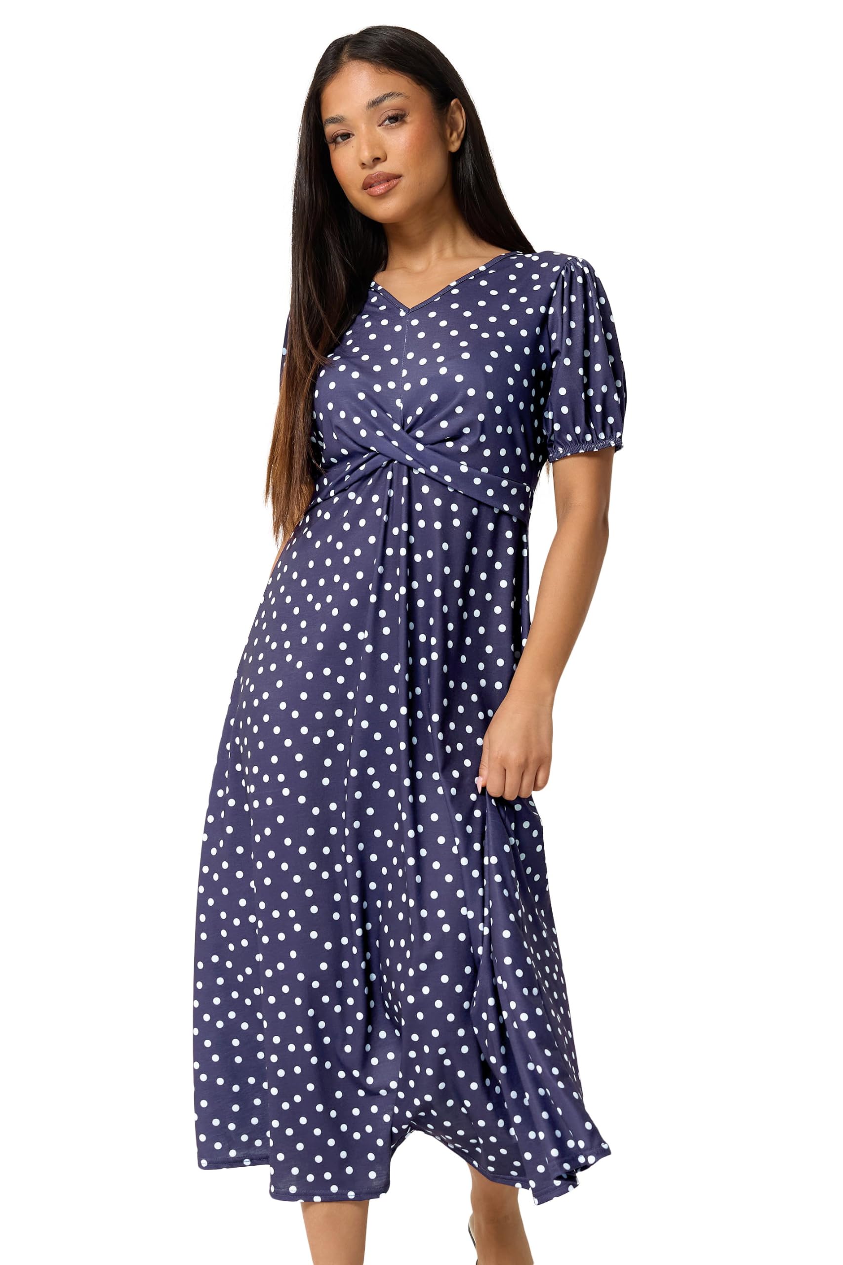 M&Co Women's Petite Polka Dot Twist Front Maxi Dress in Mid Navy | Size: 12