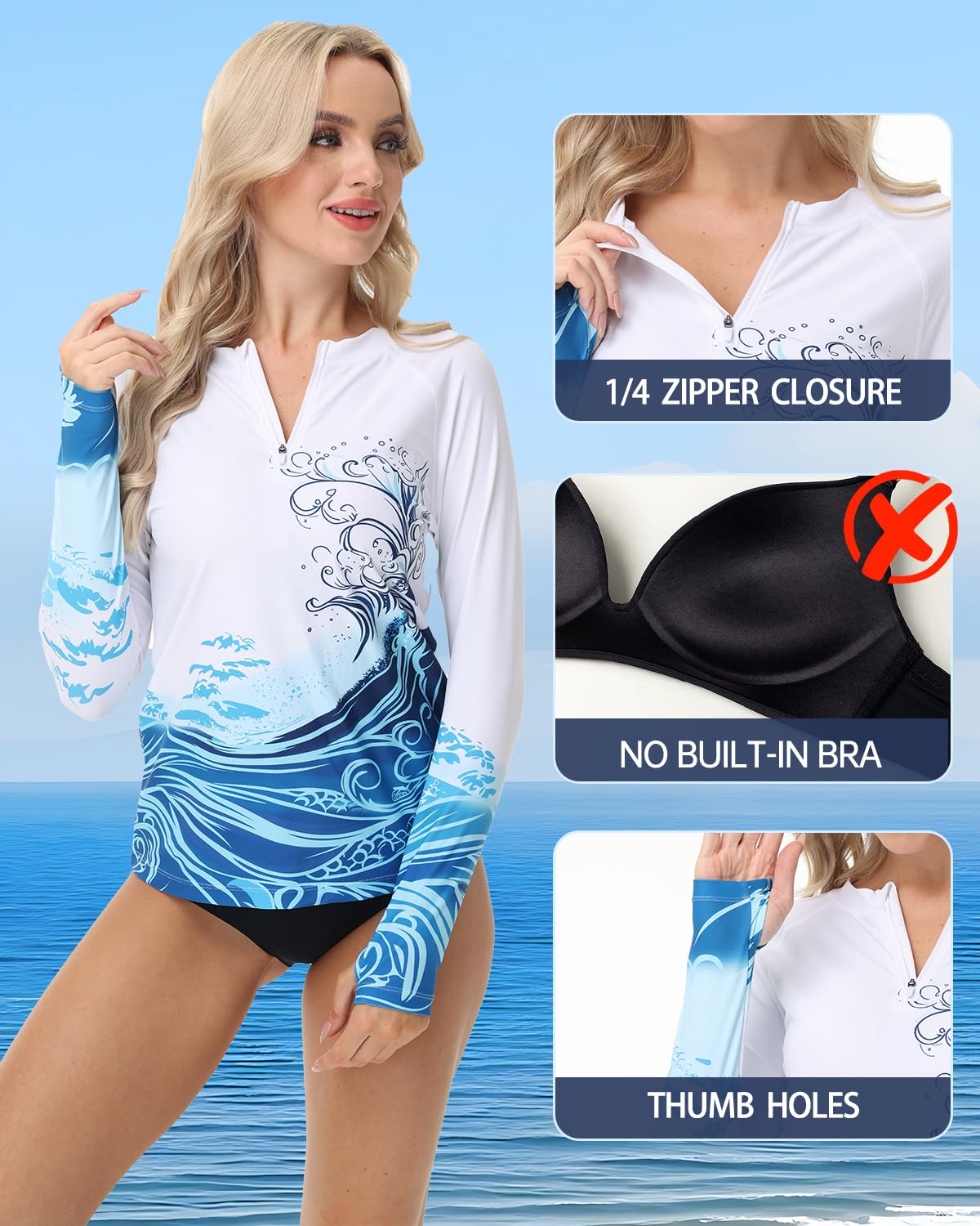 VAYAGER Camiseta Rash Guard de Manga Larga con Cremallera 1/4 para Mujer, Protección UV UPF 50+, Camiseta de baño de Secado Rápido, Traje de baño Solar, Top para Surf