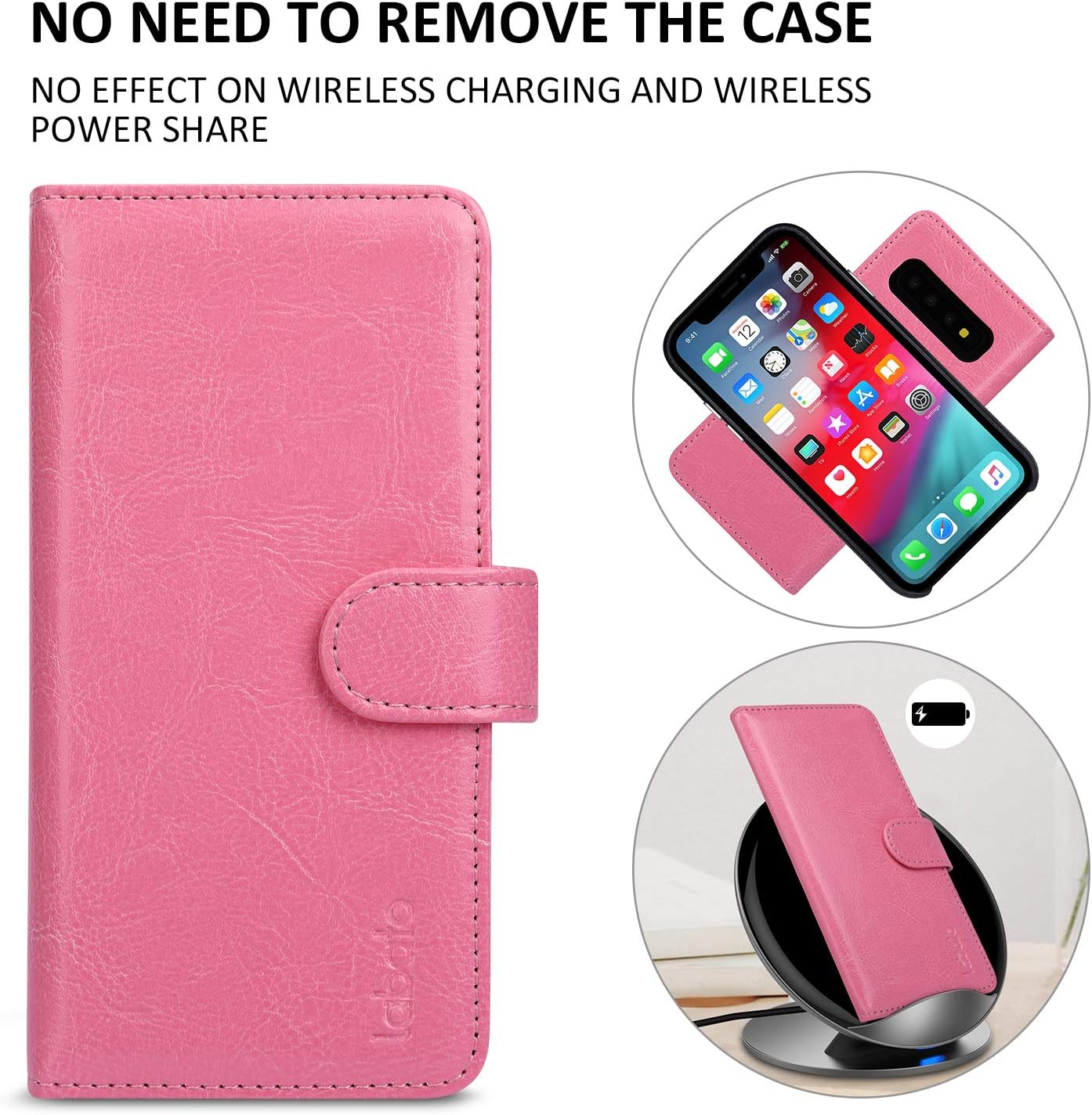 Samsung Galaxy S10 Wallet Case, labato Galaxy S10 Genuine Leather Flip Folio Protective Case Cover with Stand Function Magnetic Closure Card Slots Support Wireless Power Share for Galaxy S10 Pink