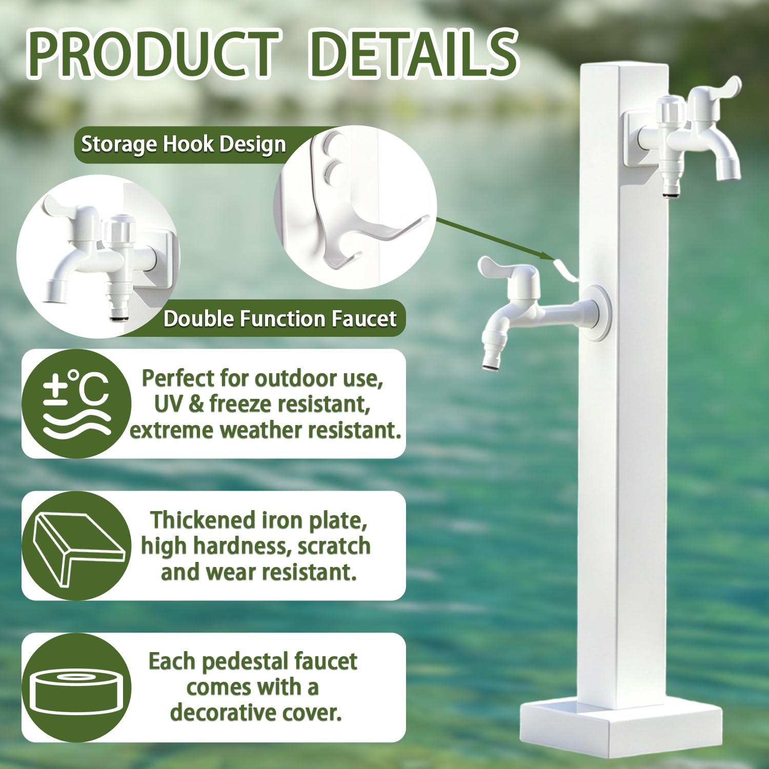 Columna De Agua De Jardín Independiente Cuadrada Blanca, Grifo para Exteriores Anticongelante 3 Salidas, Hidrante De Jardín, para Terraza Patio Césped Granja