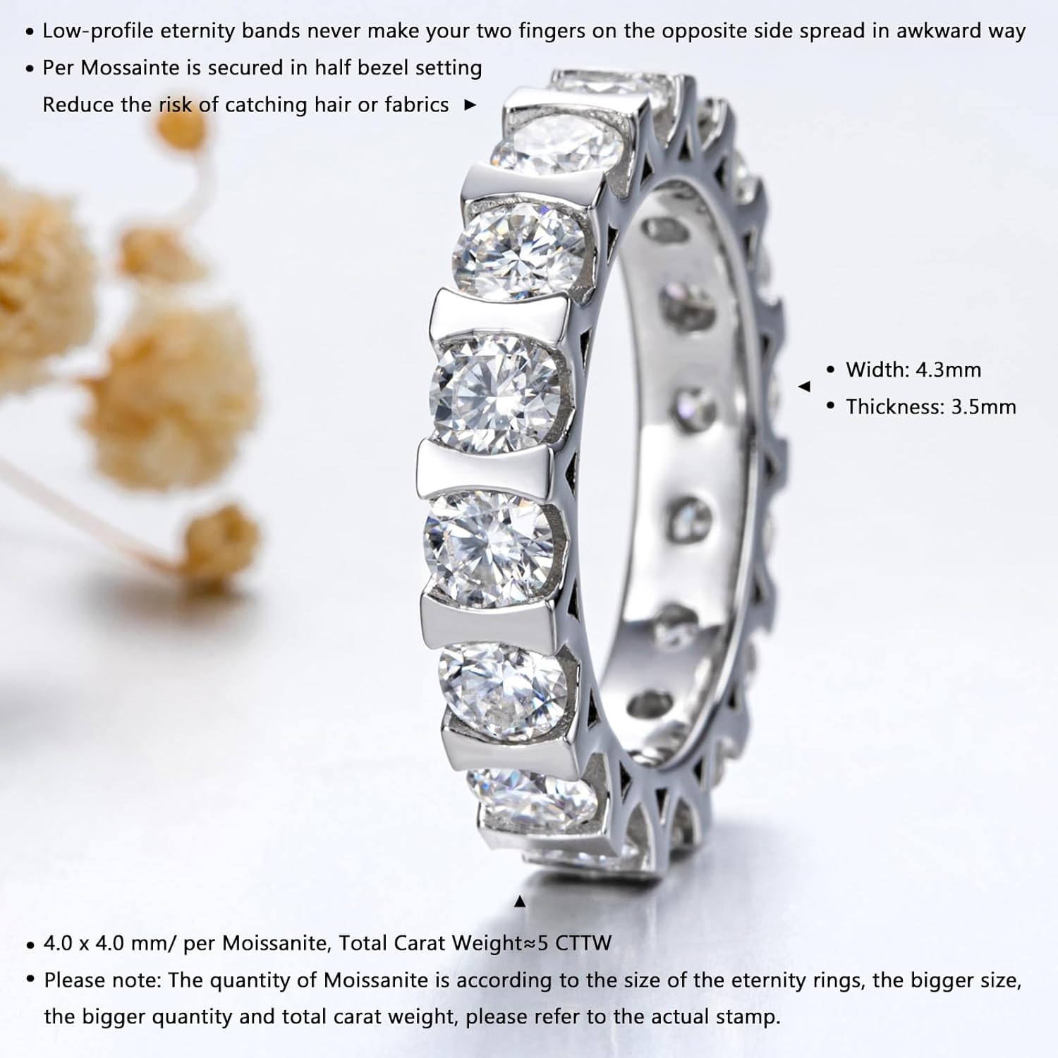 CannyCat Moissanite Eternity Ring 4.0 mm D color VVS 5 CTTW Moissanite Bezel set Eternity Wedding Band for Women Platinum-Plated Silver Anniversary Engagement Stacking Rings