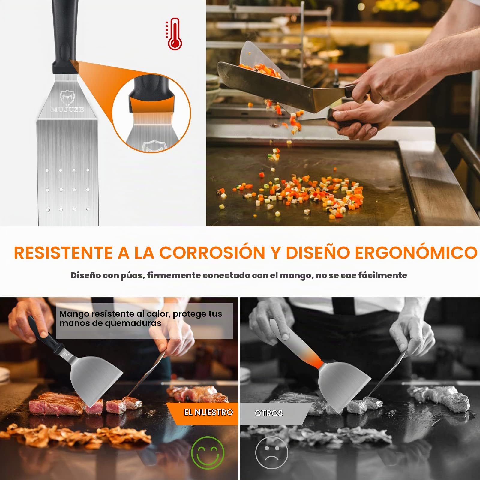 MUJUZE Juego de espátulas para Parrilla de Acero Inoxidable, Barbacoas Accesorios Kit Regalos para Hombres papá,Accesorios para espátula para Parrilla Profesional para Asar Teppanyaki y Acampar...