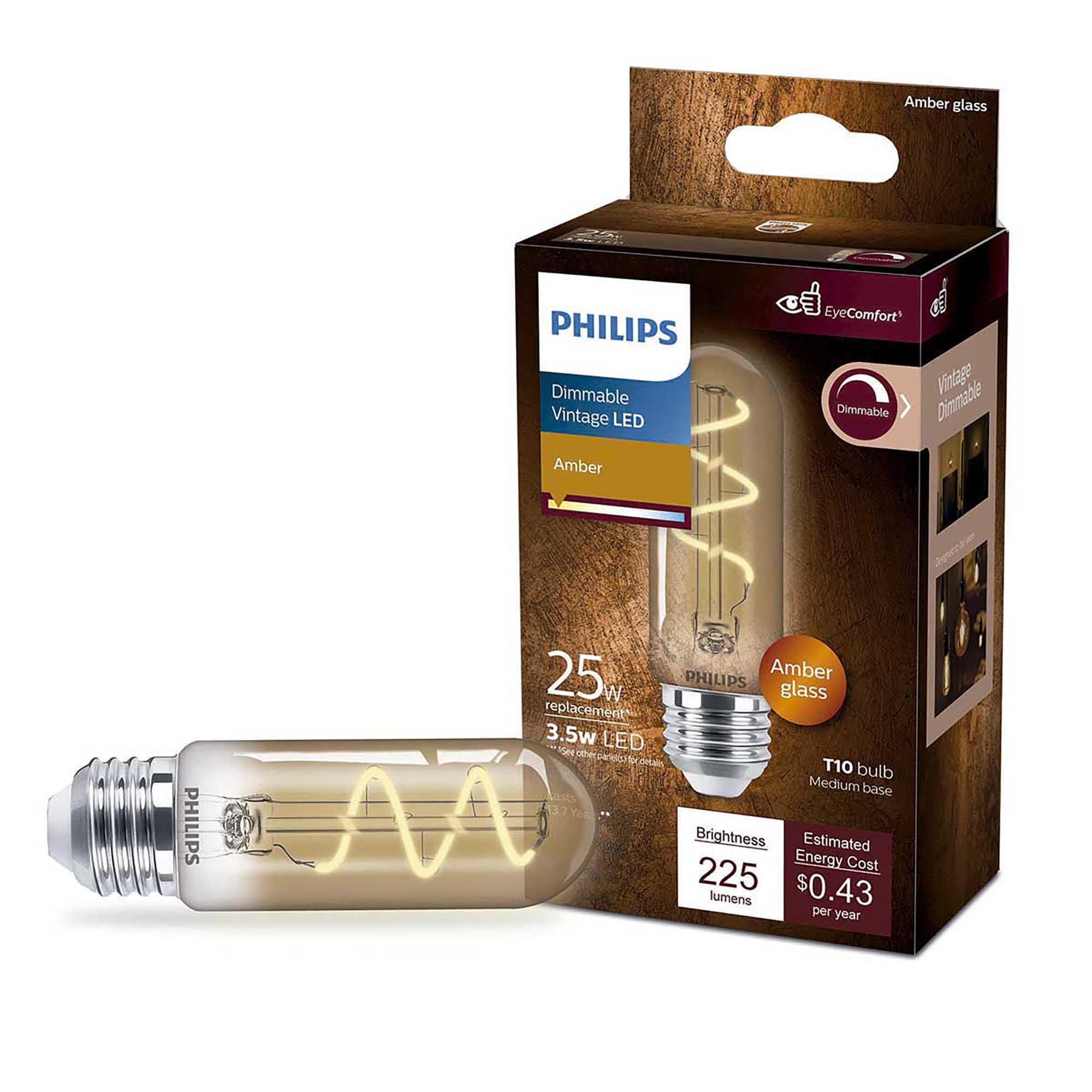 565671-3.5T10/VIN/820/E26/Amber/G/SP D 4/1PFT20 Tubular Style Antique Filament LED Light Bulb